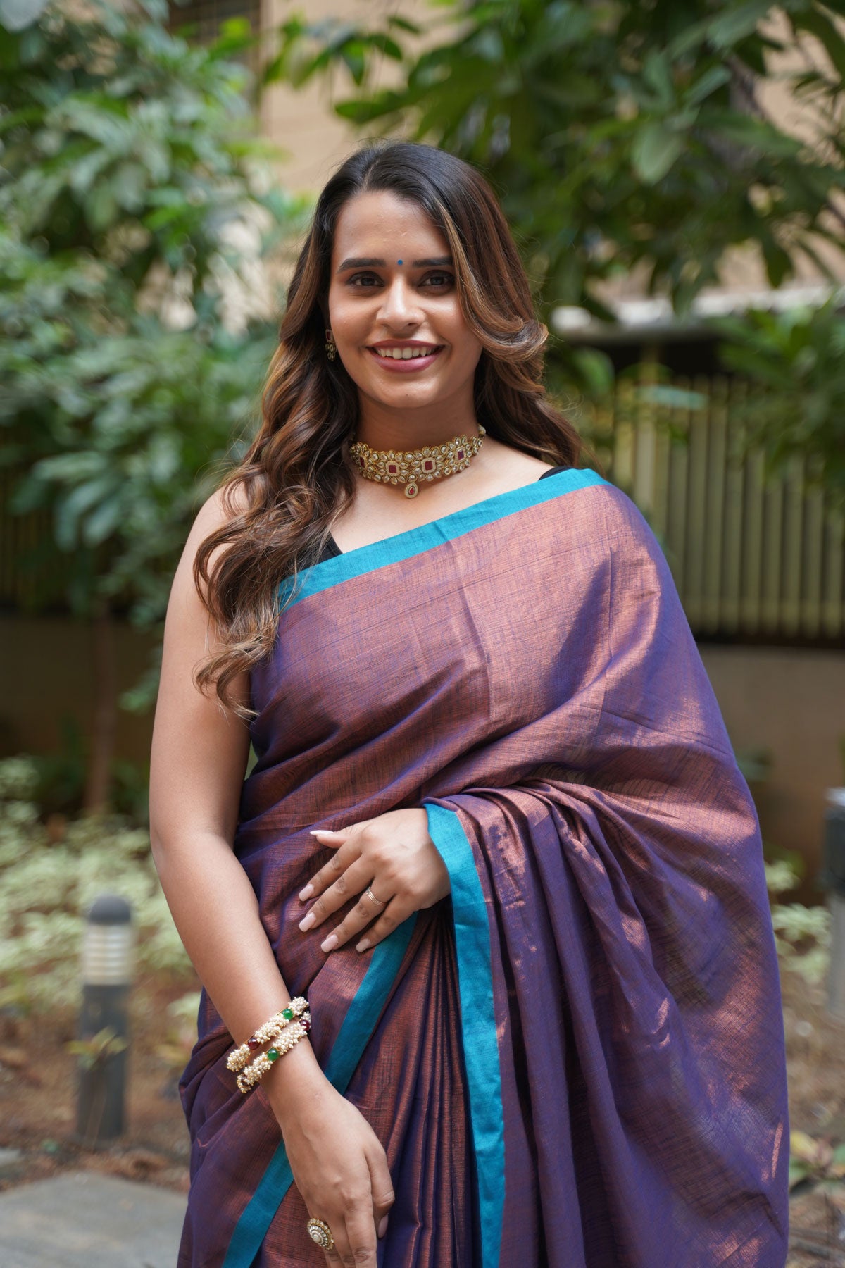 Antique Brown Khadi Tissue with Teal Border Saree