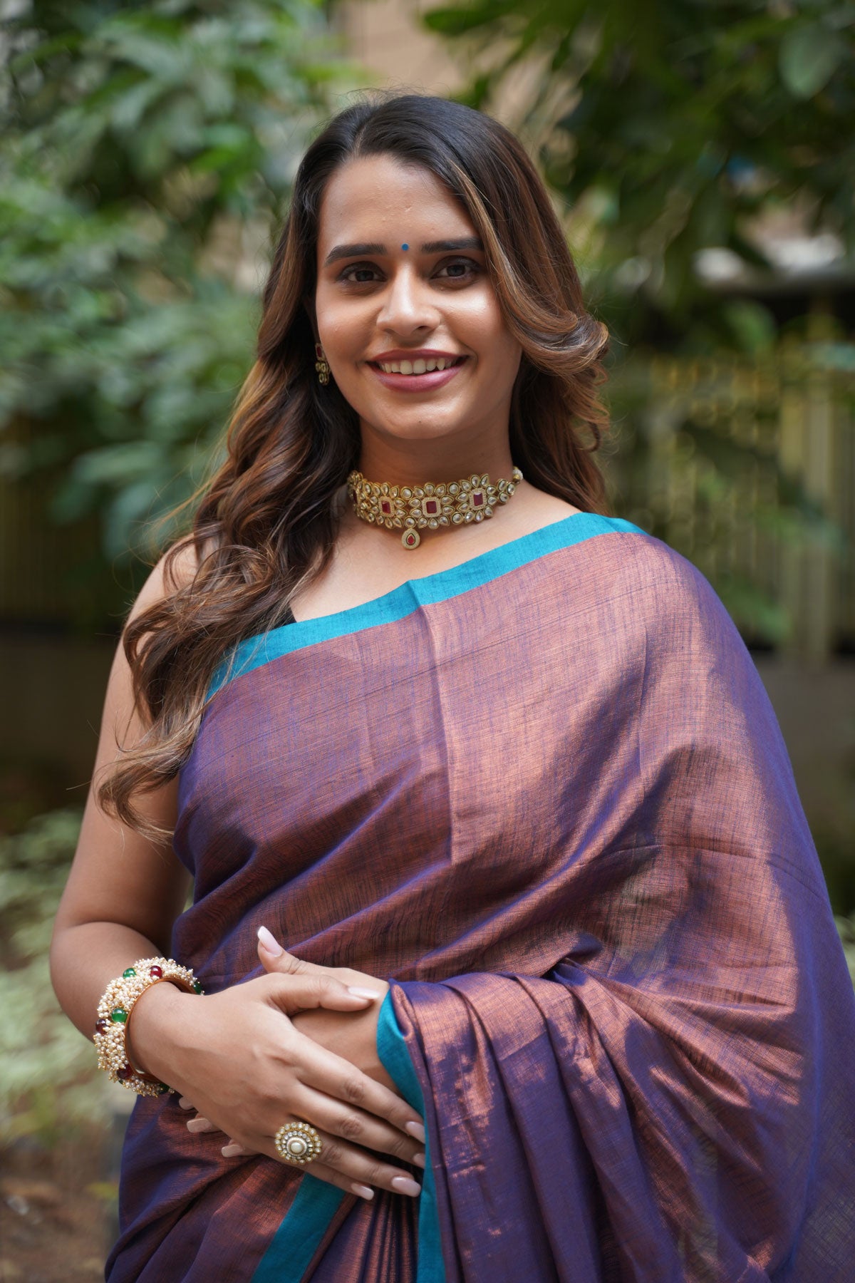 Antique Brown Khadi Tissue with Teal Border Saree