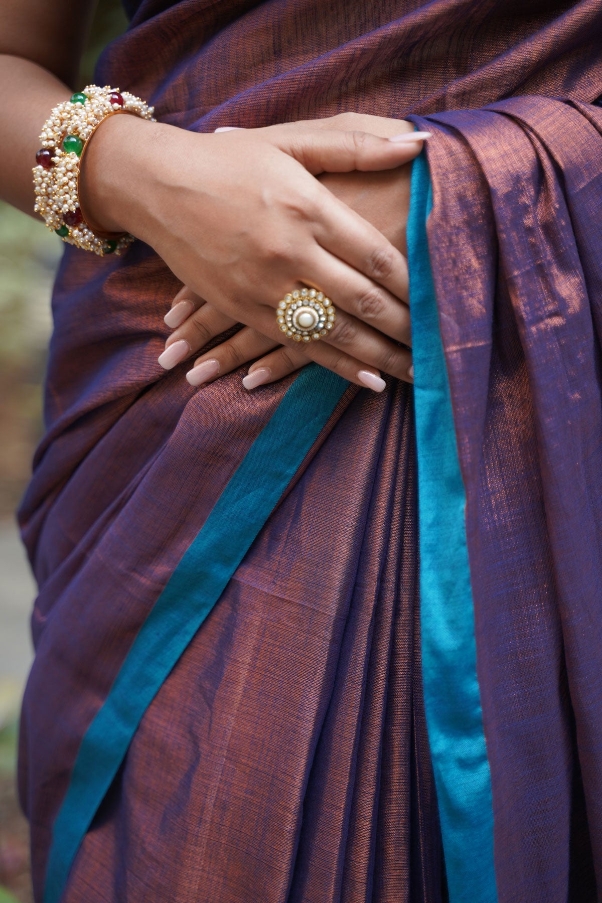 Antique Brown Khadi Tissue with Teal Border Saree