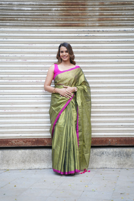 Olive Green Khadi Tissue with Pink Border Saree