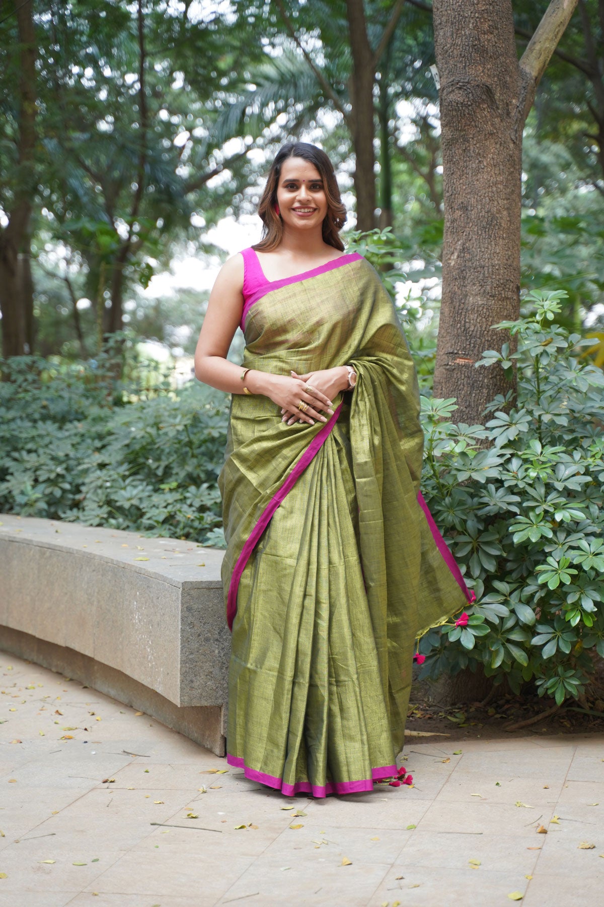 Olive Green Khadi Tissue with Pink Border Saree