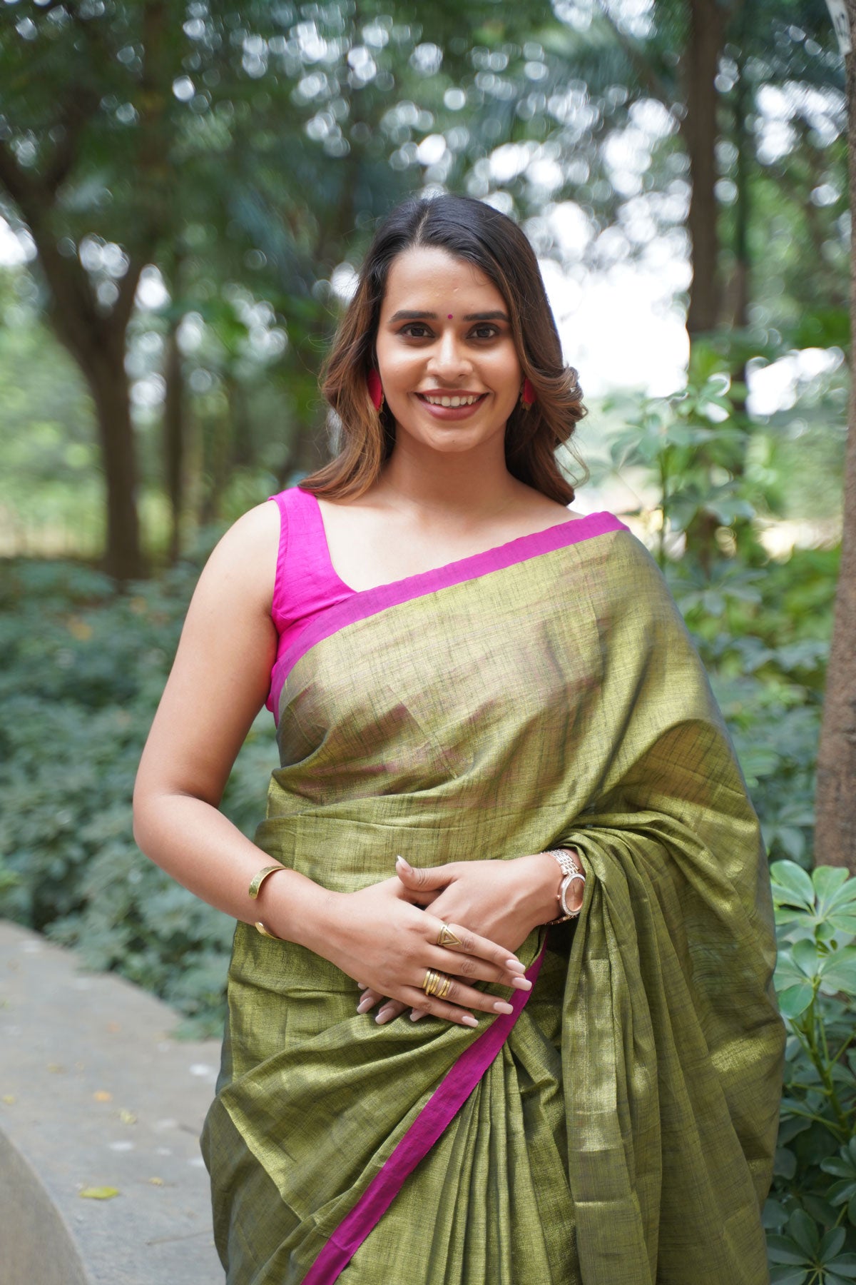 Olive Green Khadi Tissue with Pink Border Saree