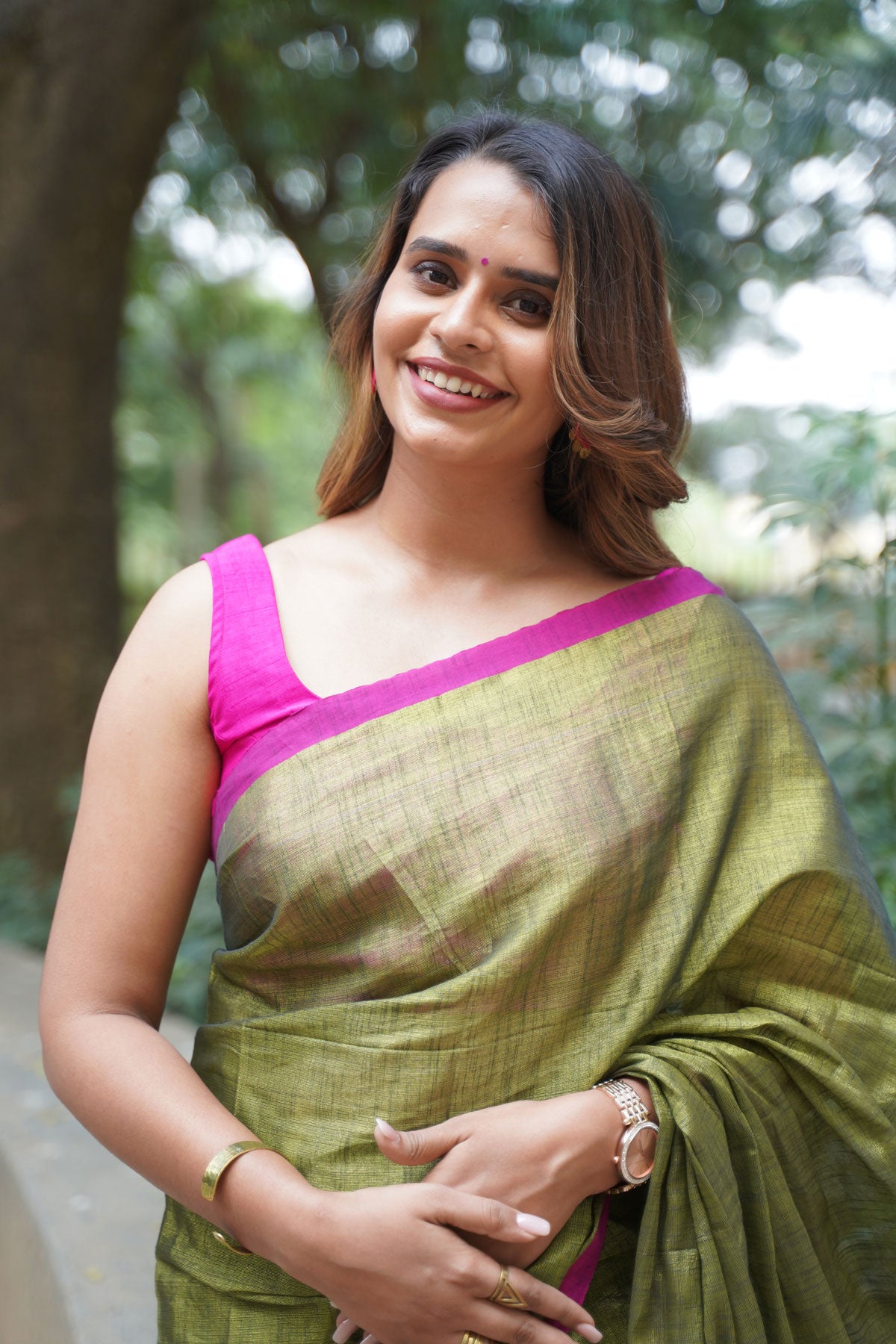 Olive Green Khadi Tissue with Pink Border Saree