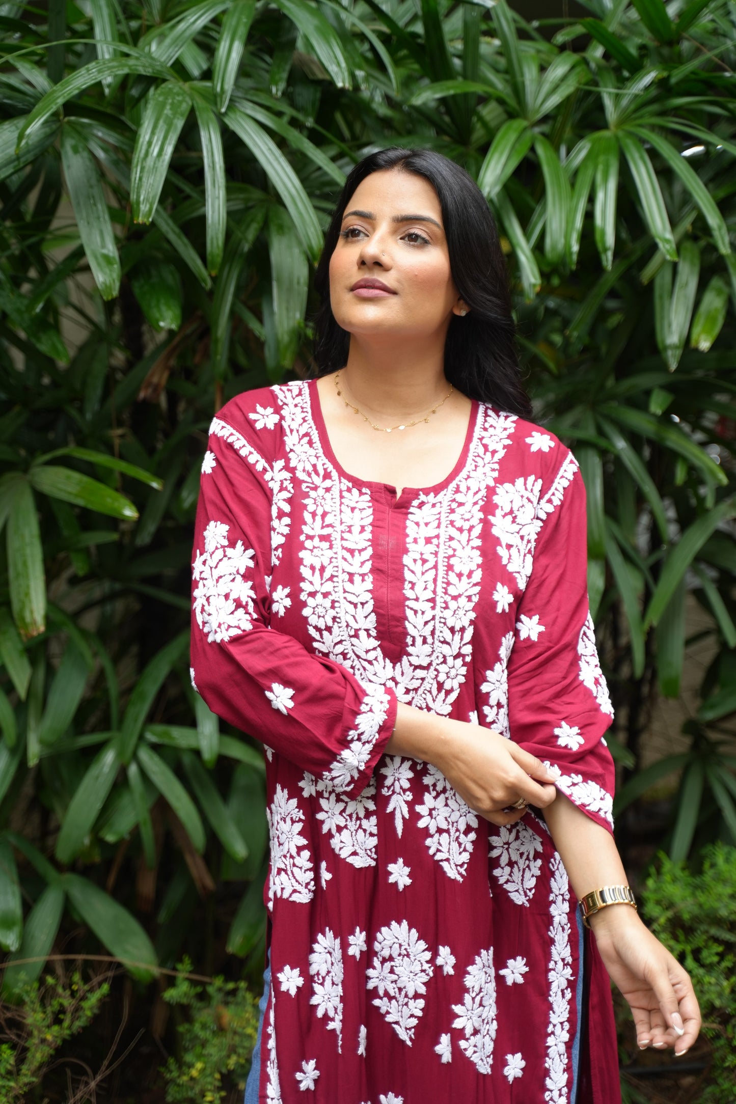 Anamika Handwoven Chikankari Red Long Kurta 100% Modal