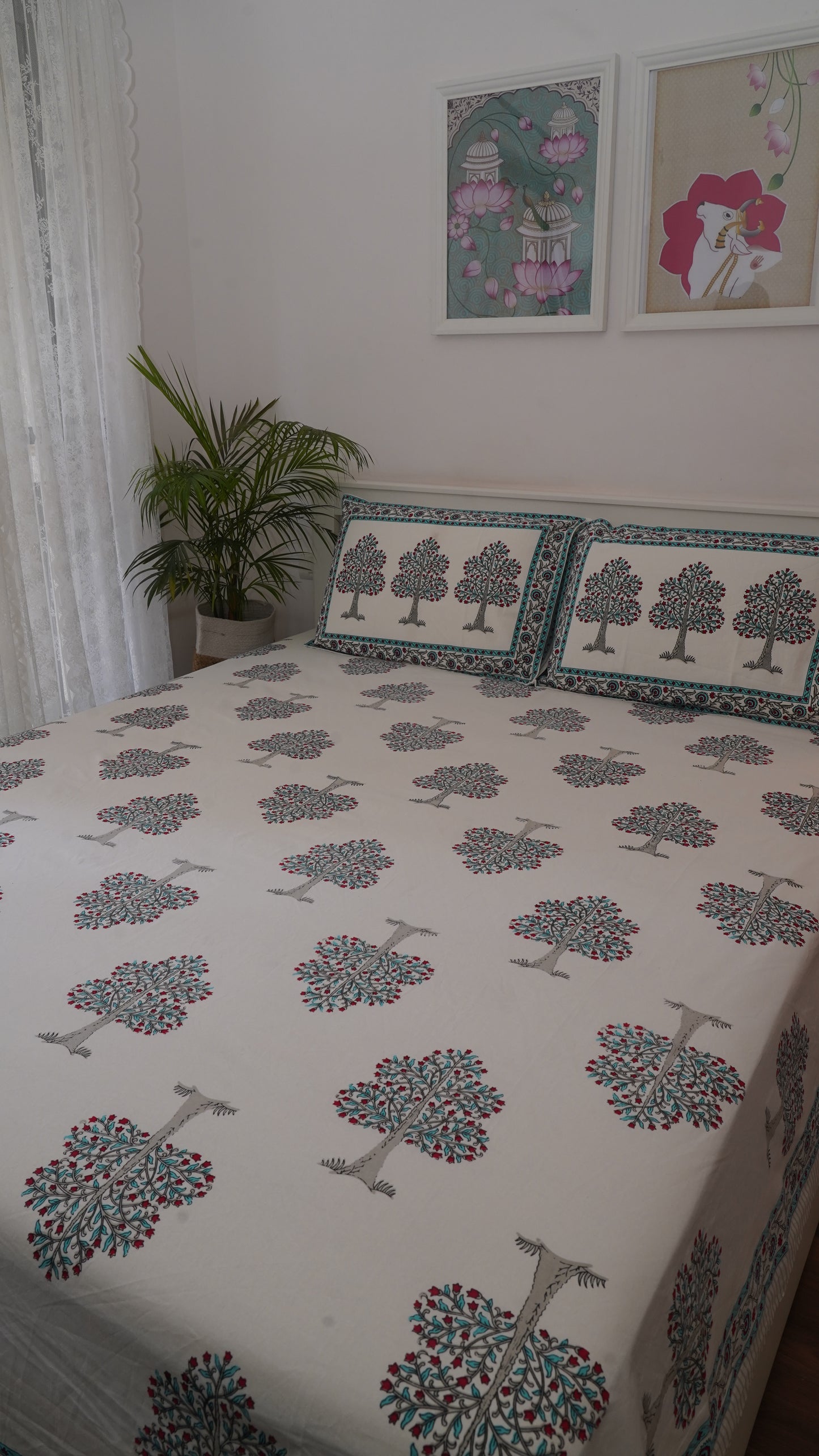 Tree of Life- White & Blue King Size 100% Cotton  Handblock Print Bedsheet