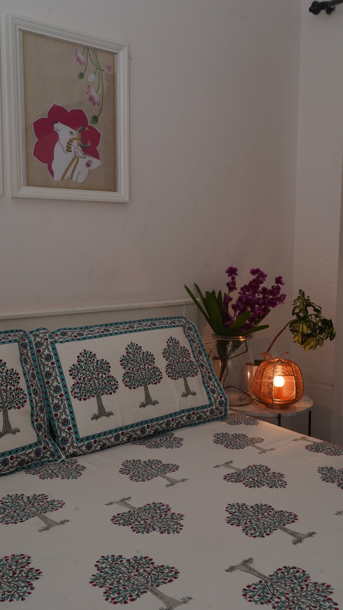 Tree of Life- White & Blue King Size 100% Cotton  Handblock Print Bedsheet