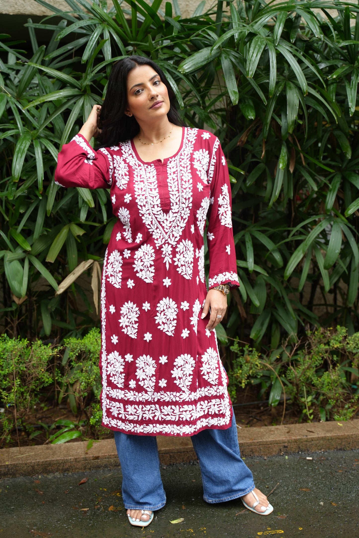 Anamika Handwoven Chikankari Red Long Kurta 100% Modal