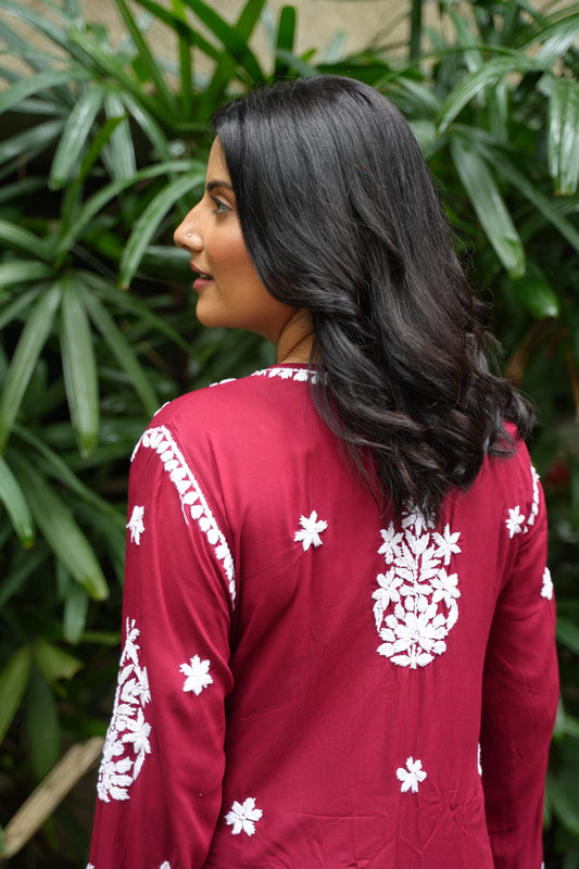 Anamika Handwoven Chikankari Red Long Kurta 100% Modal