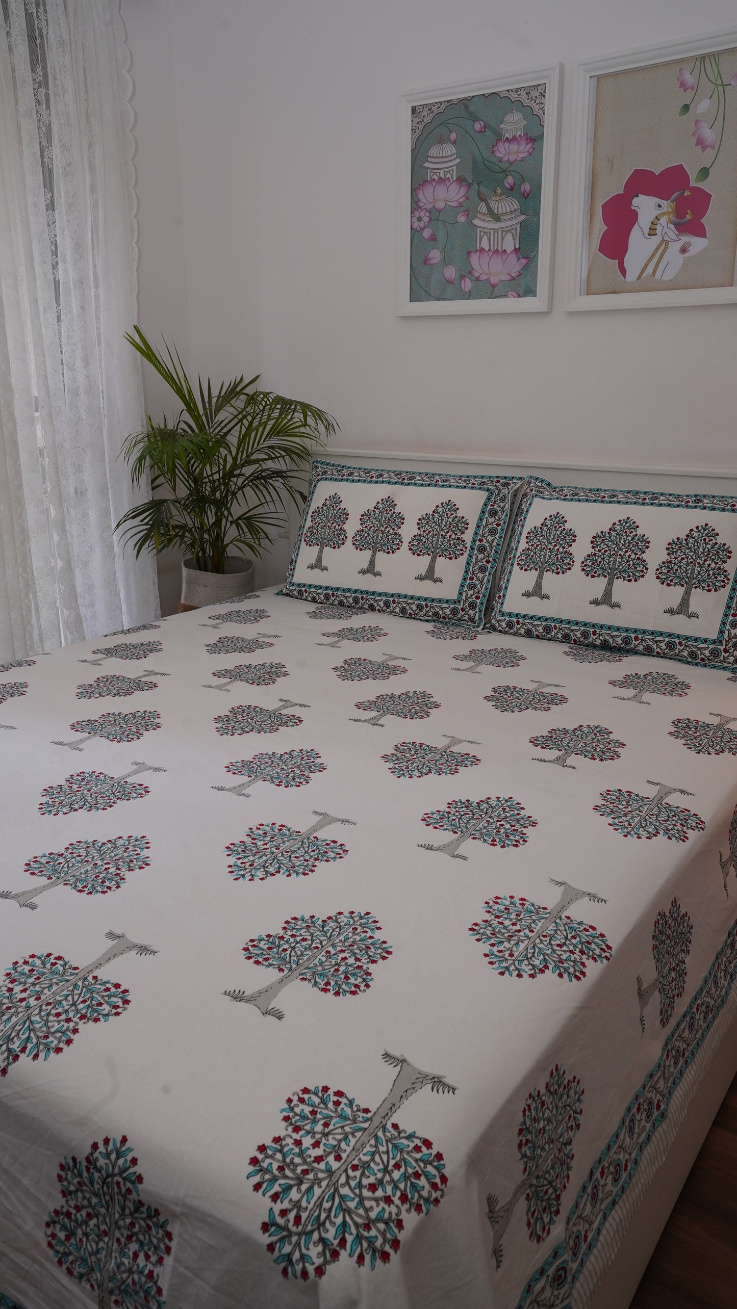 Tree of Life- White & Blue King Size 100% Cotton  Handblock Print Bedsheet