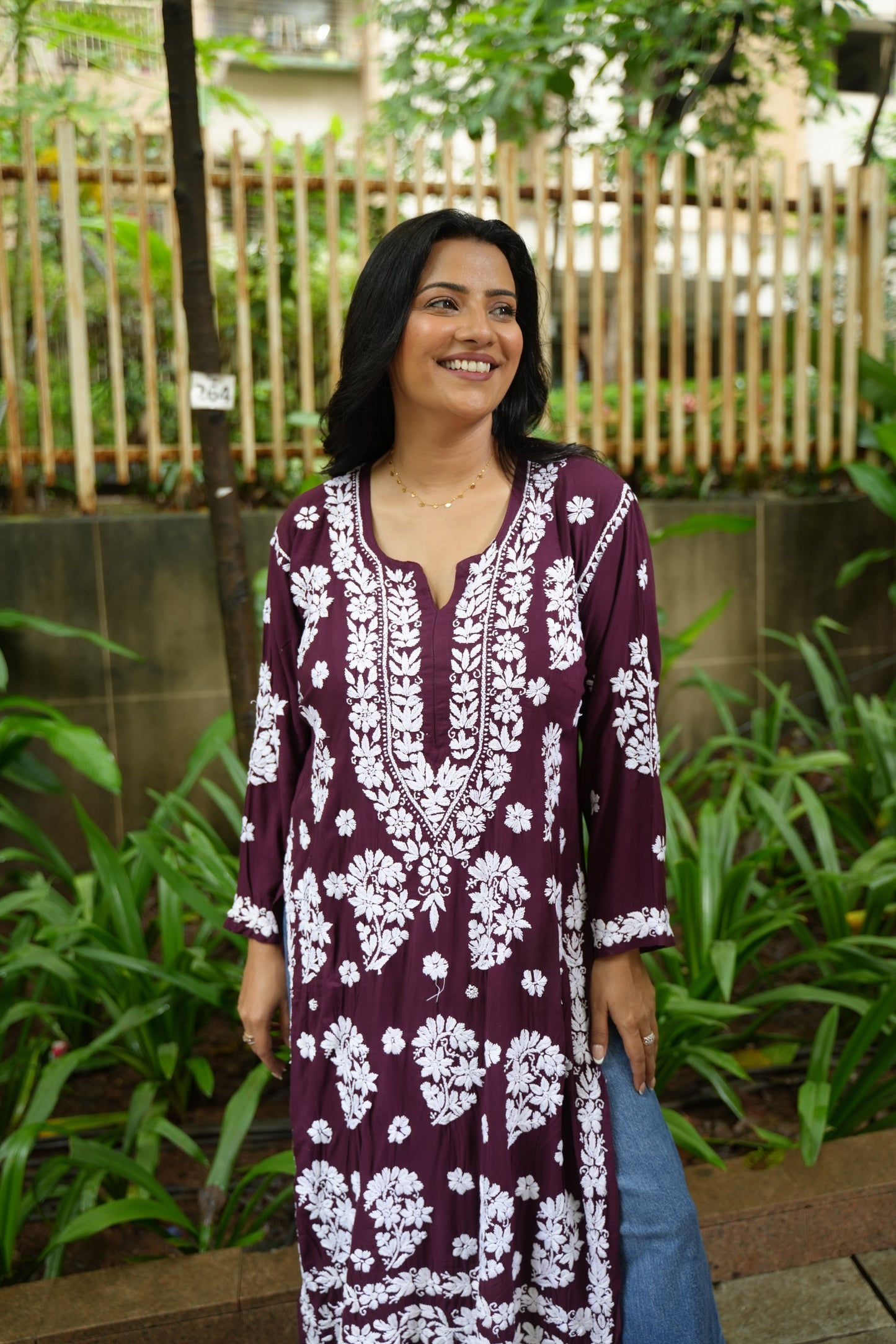 Anamika Handwoven Chikankari Deep Plum Long Kurta 100% Modal