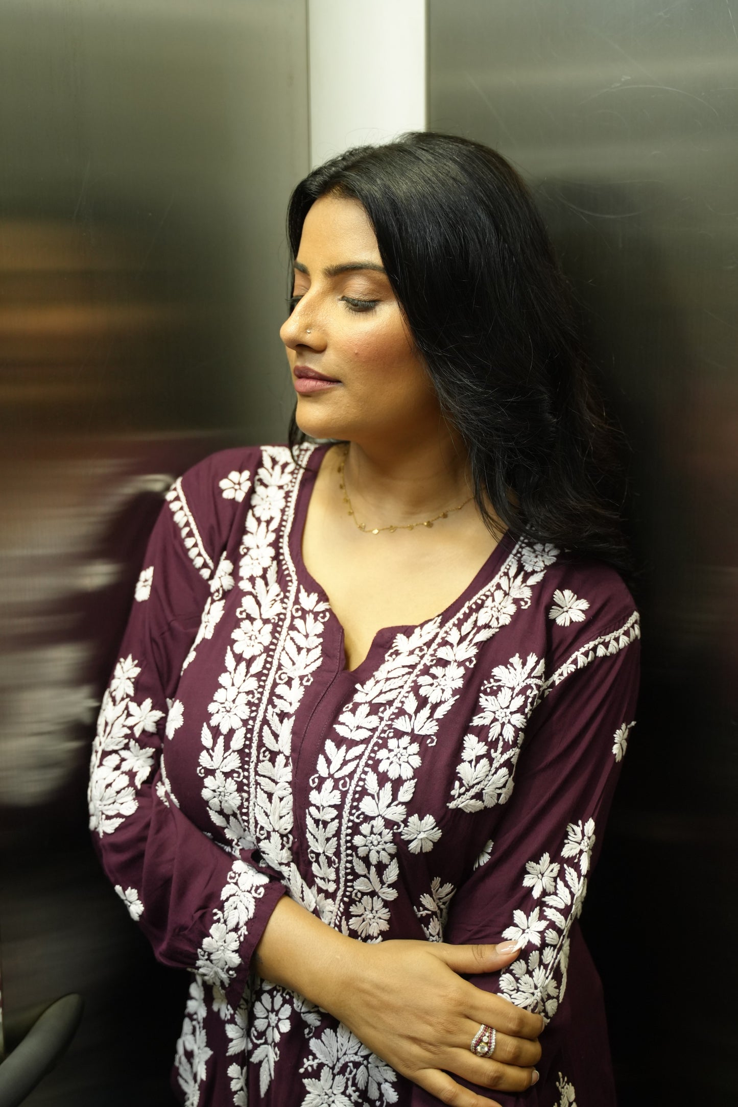 Anamika Handwoven Chikankari Deep Plum Long Kurta 100% Modal