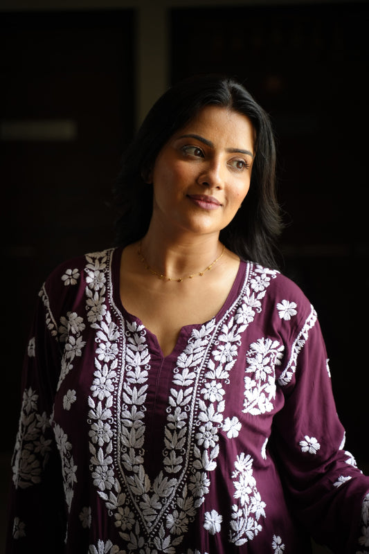 Anamika Handwoven Chikankari Deep Plum Long Kurta 100% Modal