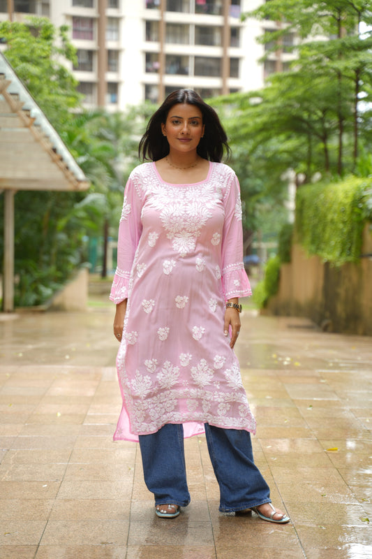 Aarohi Handwoven Chikankari Baby Pink Long Kurta 100% Modal