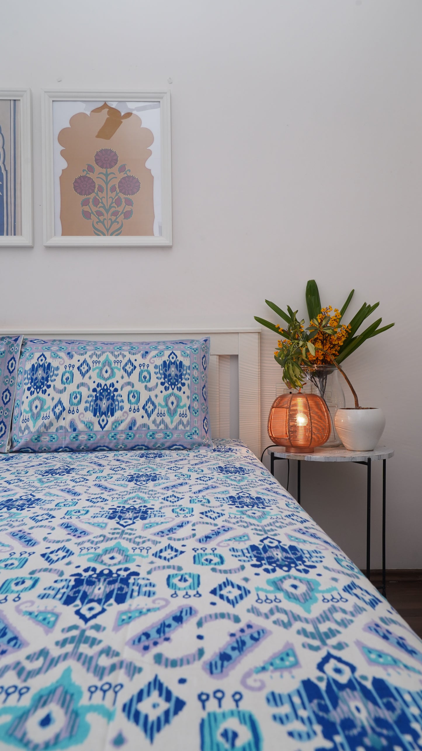 Hibiscus- White & Blue King Size 100% Cotton Handblock Print Bedsheet