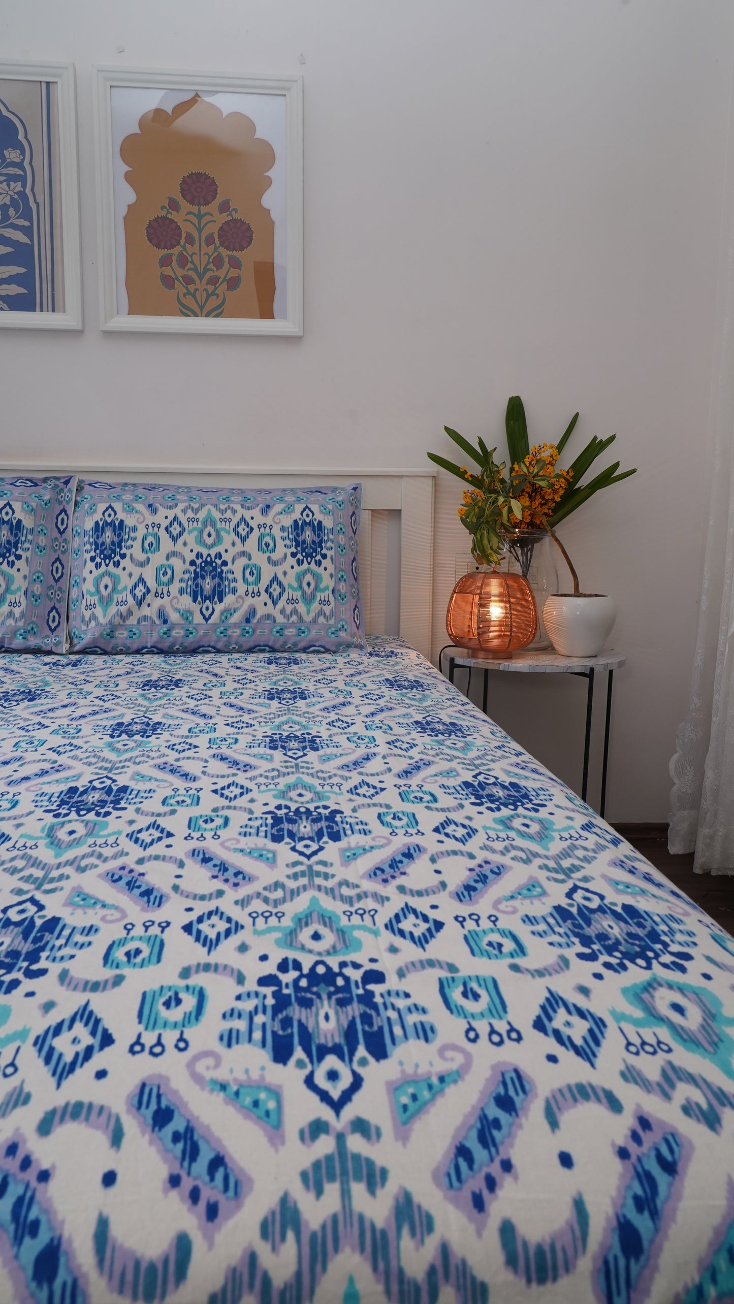 Hibiscus- White & Blue King Size 100% Cotton Handblock Print Bedsheet