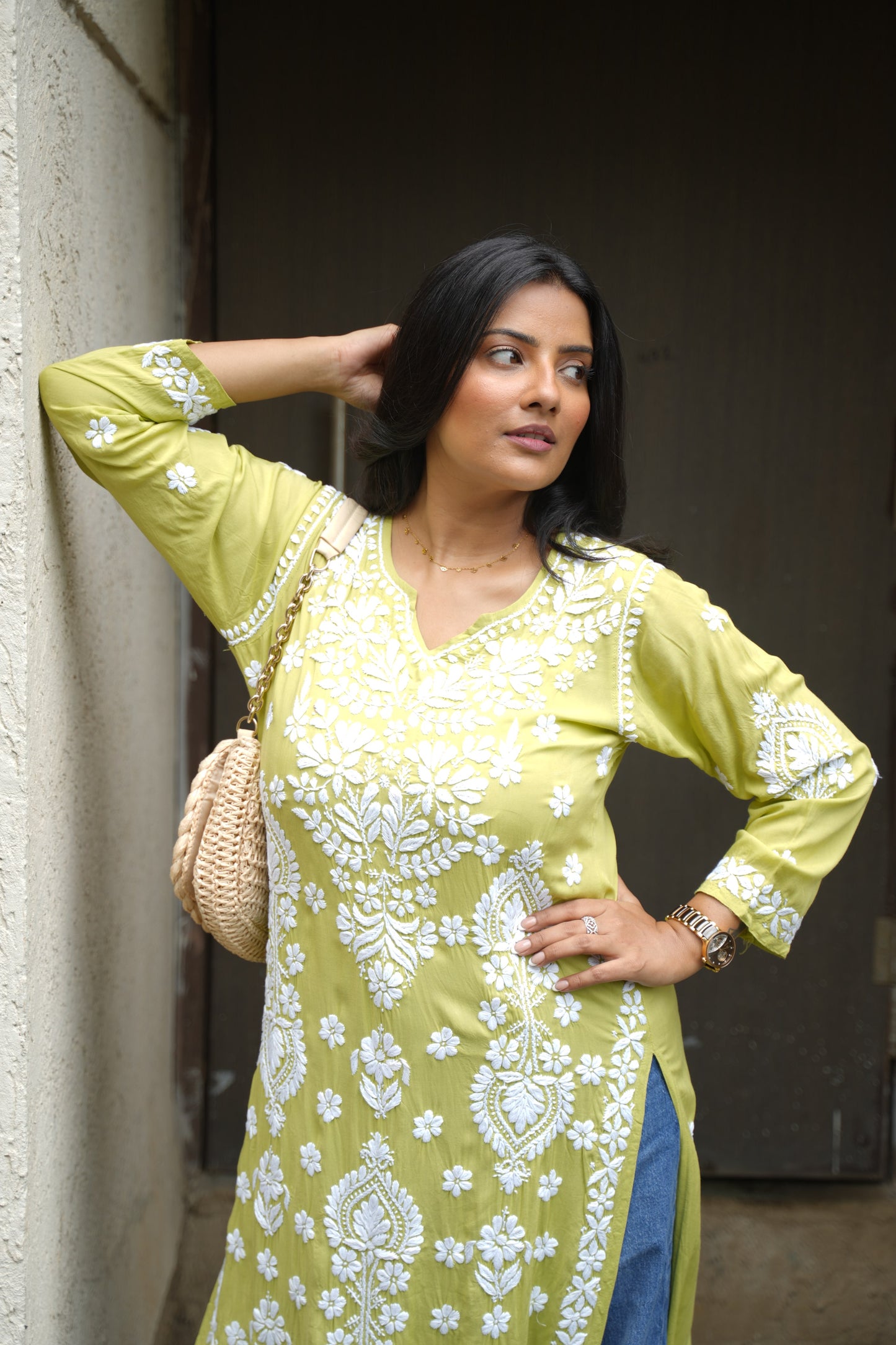 Aashni Handwoven Chikankari Fresh Green Long Kurta 100% Modal