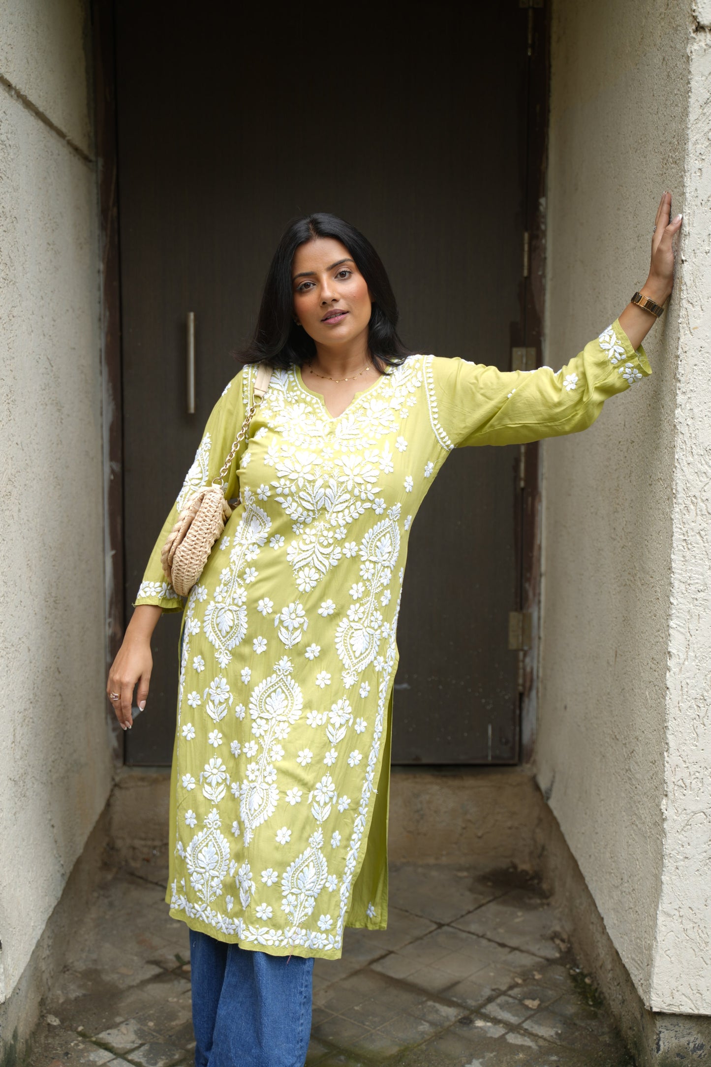 Aashni Handwoven Chikankari Fresh Green Long Kurta 100% Modal