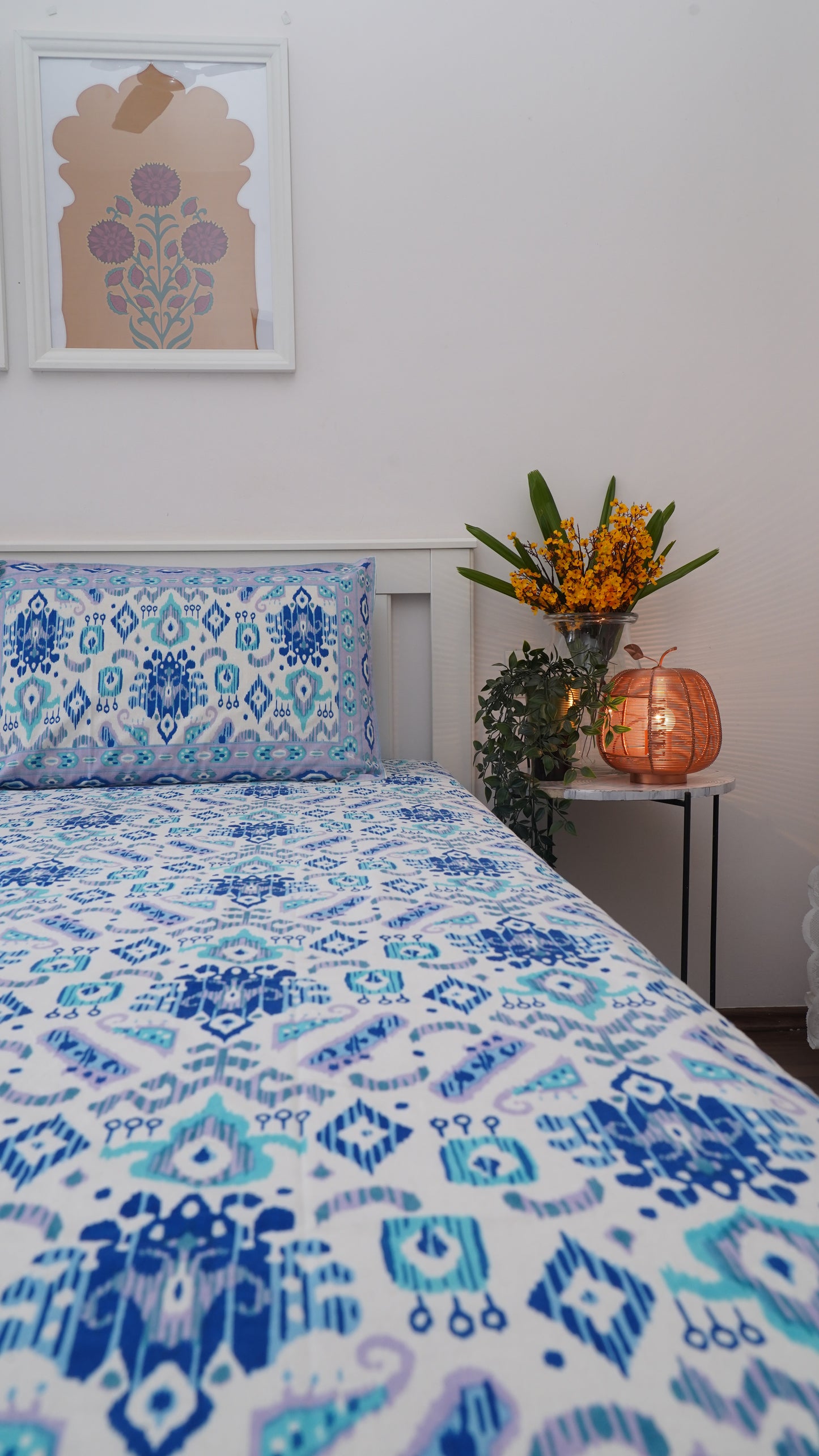 Hibiscus- White & Blue King Size 100% Cotton Handblock Print Bedsheet
