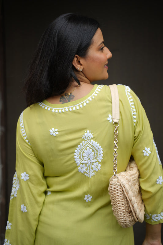 Aashni Handwoven Chikankari Fresh Green Long Kurta 100% Modal