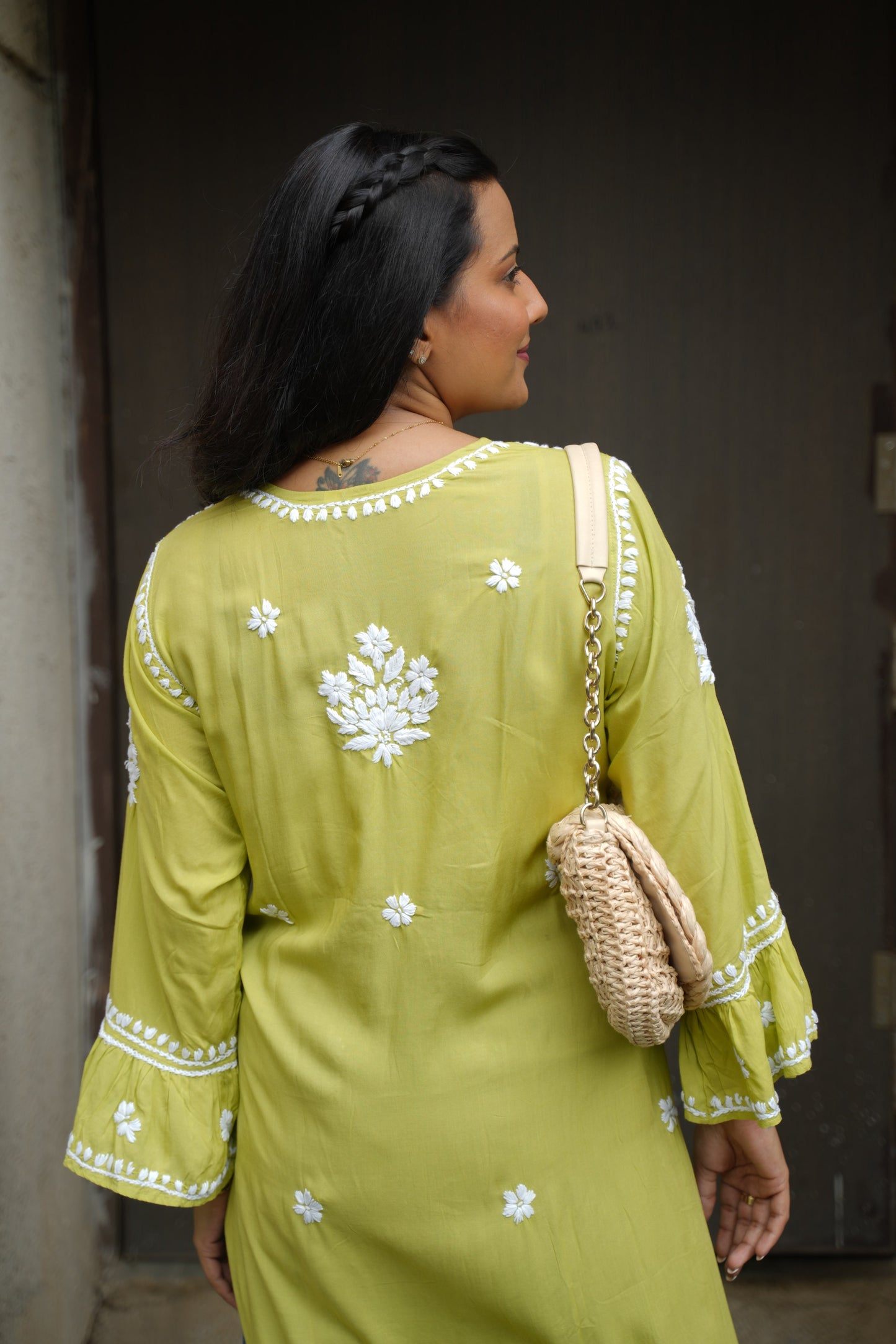 Aarohi Handwoven Chikankari Lime Green Long Kurta 100% Modal
