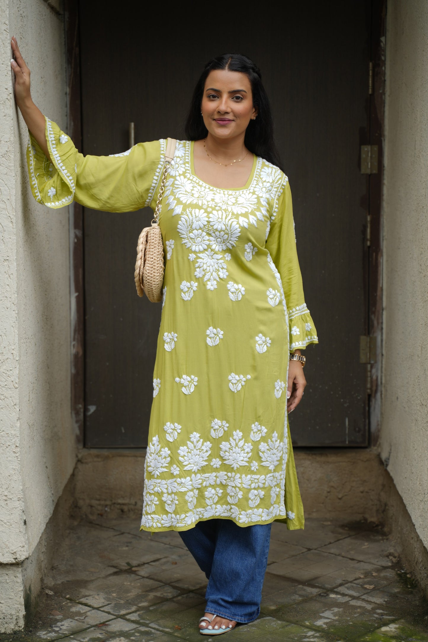 Aarohi Handwoven Chikankari Lime Green Long Kurta 100% Modal