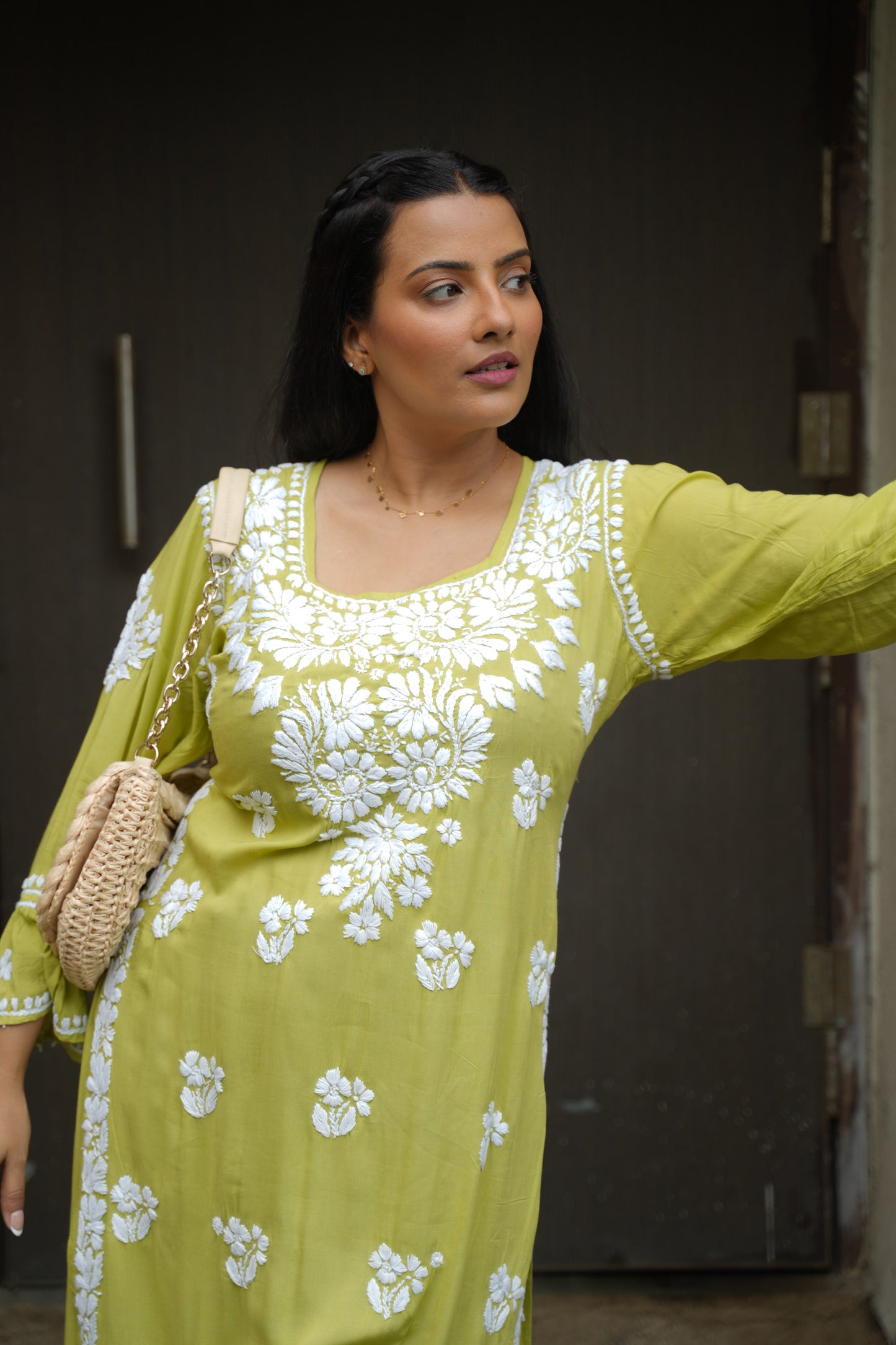 Aarohi Handwoven Chikankari Lime Green Long Kurta 100% Modal