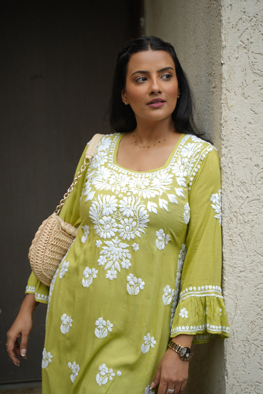 Aarohi Handwoven Chikankari Lime Green Long Kurta 100% Modal