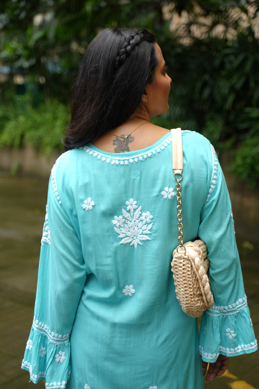 Aarohi Handwoven Chikankari Aqua Blue Long Kurta 100% Modal