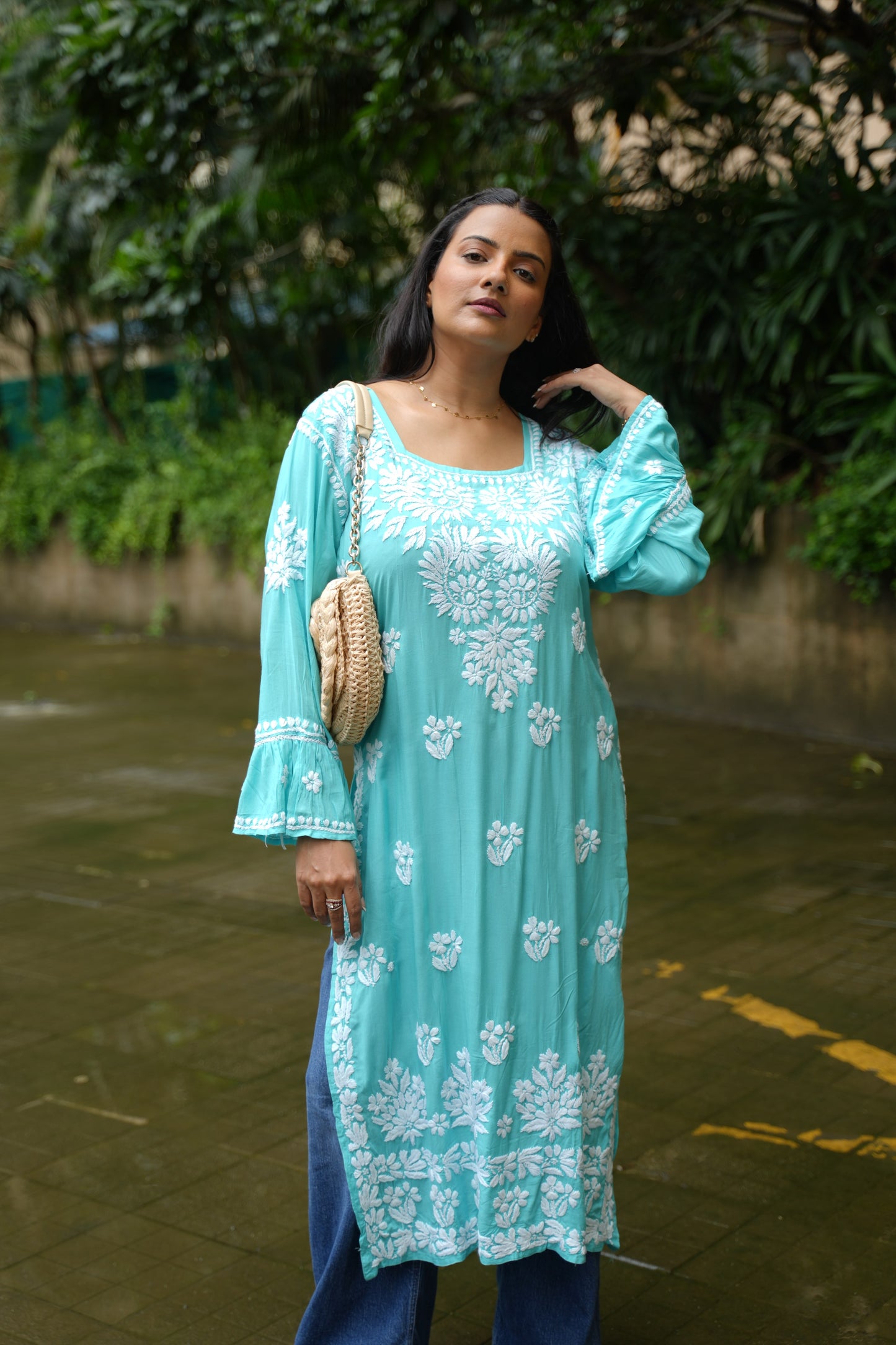 Aarohi Handwoven Chikankari Aqua Blue Long Kurta 100% Modal