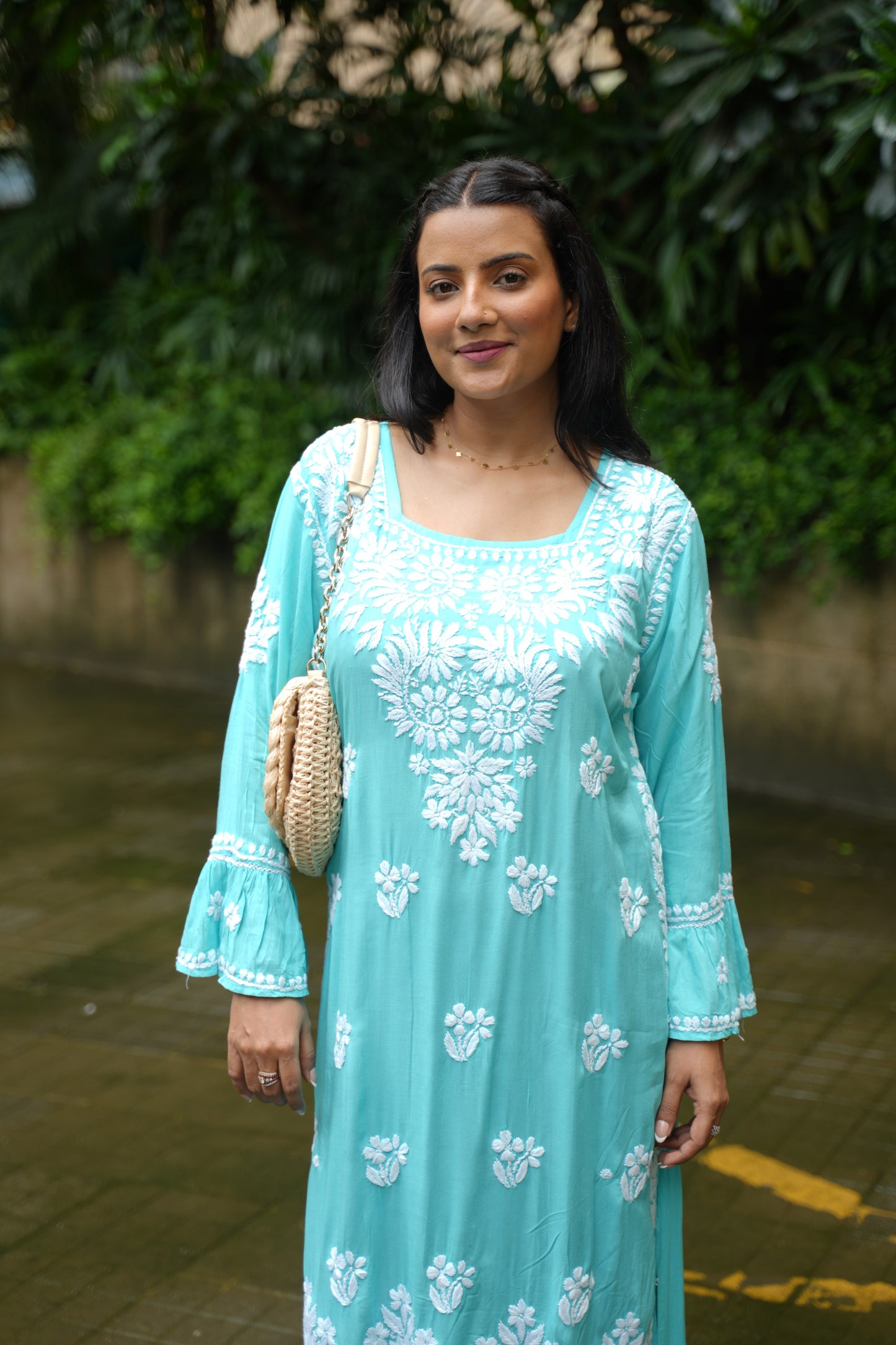 Aarohi Handwoven Chikankari Aqua Blue Long Kurta 100% Modal