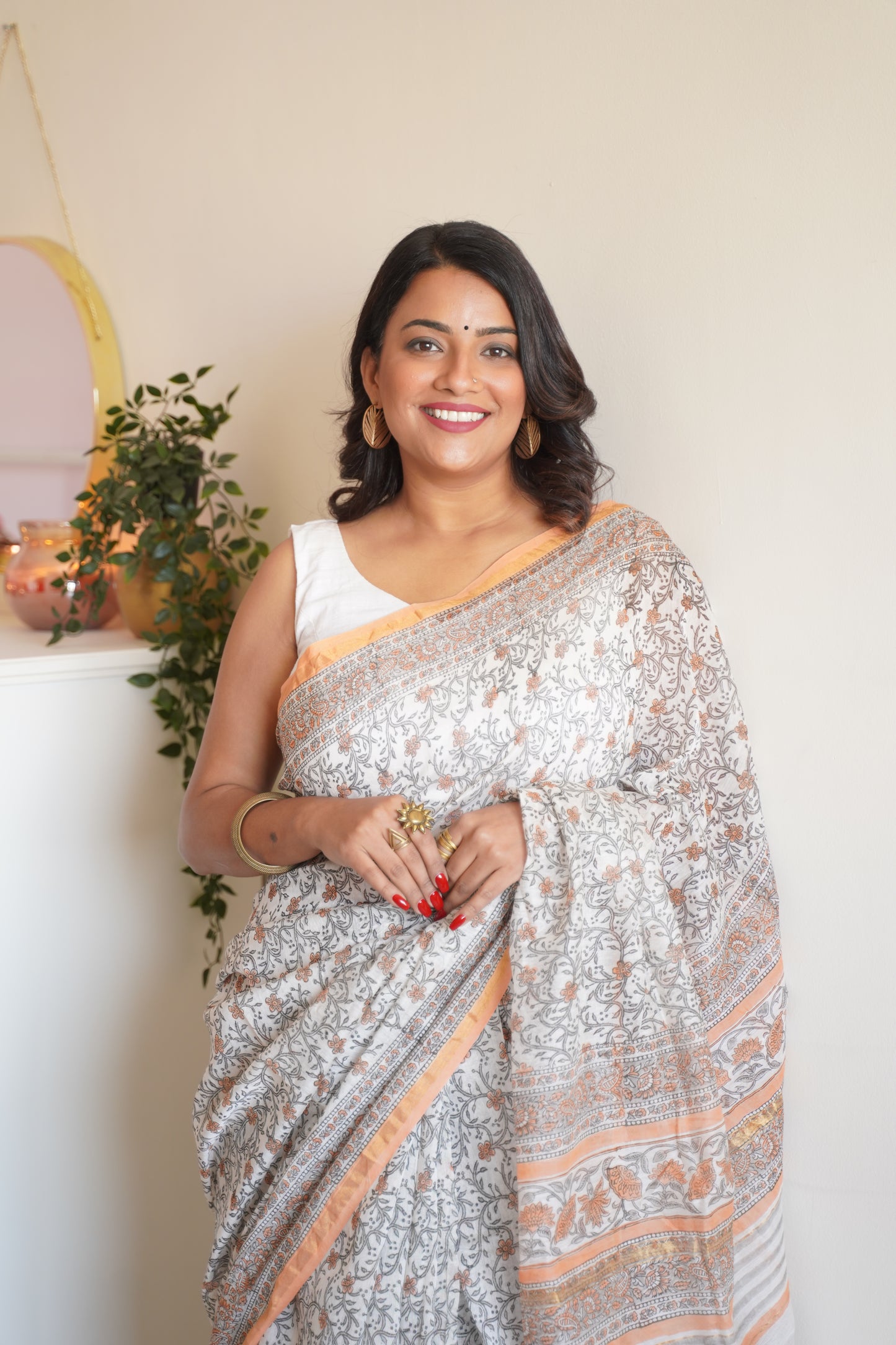 Off White and Light Salmon Border Cotton and Silk Chanderi Handblock Print Saree