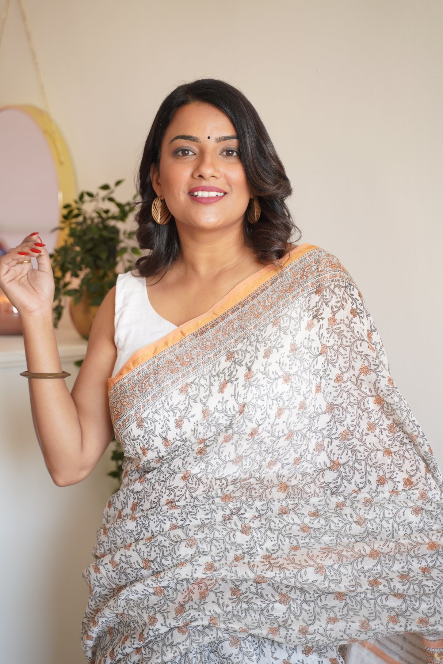 Off White and Light Salmon Border Cotton and Silk Chanderi Handblock Print Saree