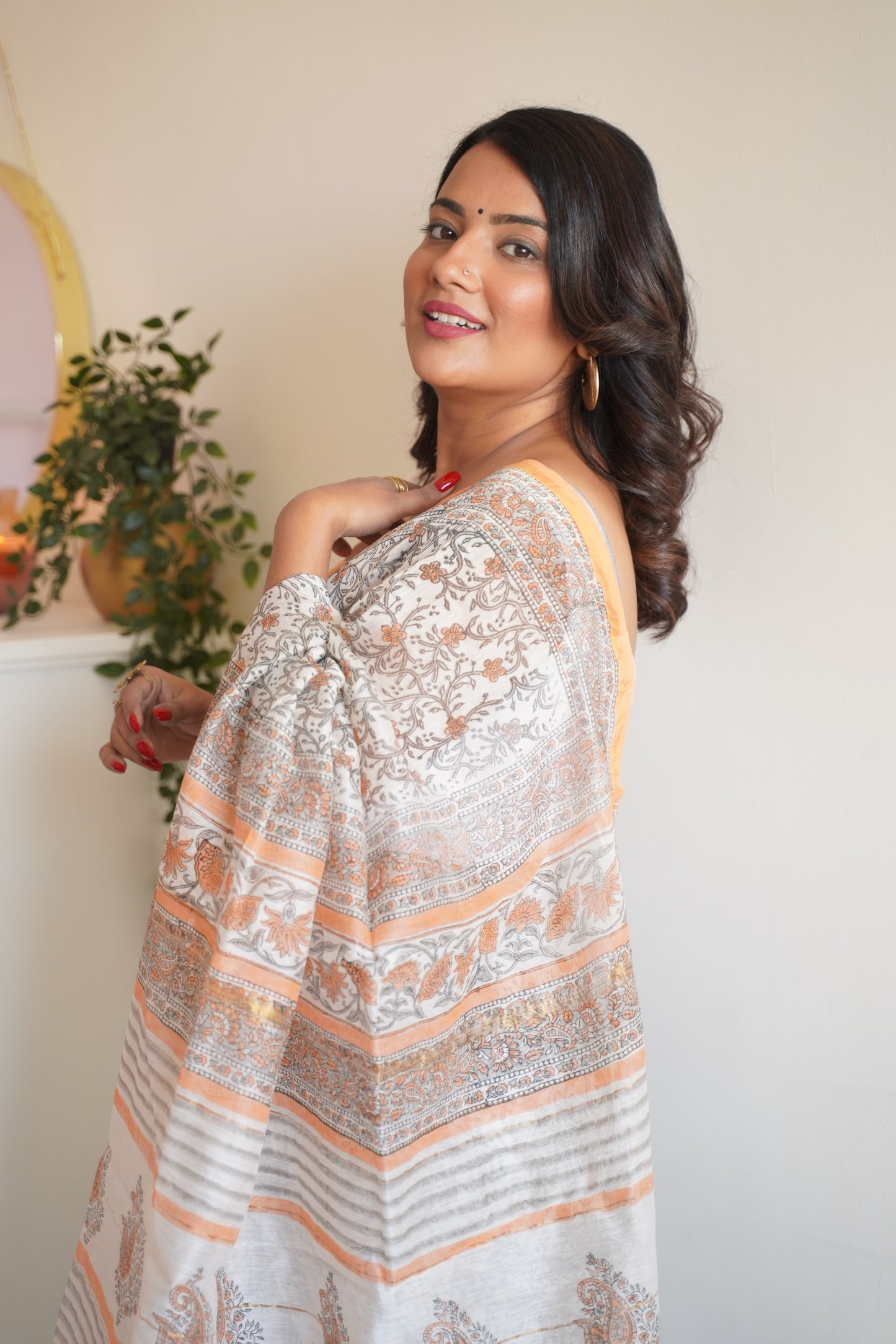 Off White and Light Salmon Border Cotton and Silk Chanderi Handblock Print Saree