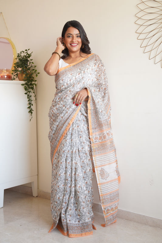 Off White and Light Salmon Border Cotton and Silk Chanderi Handblock Print Saree