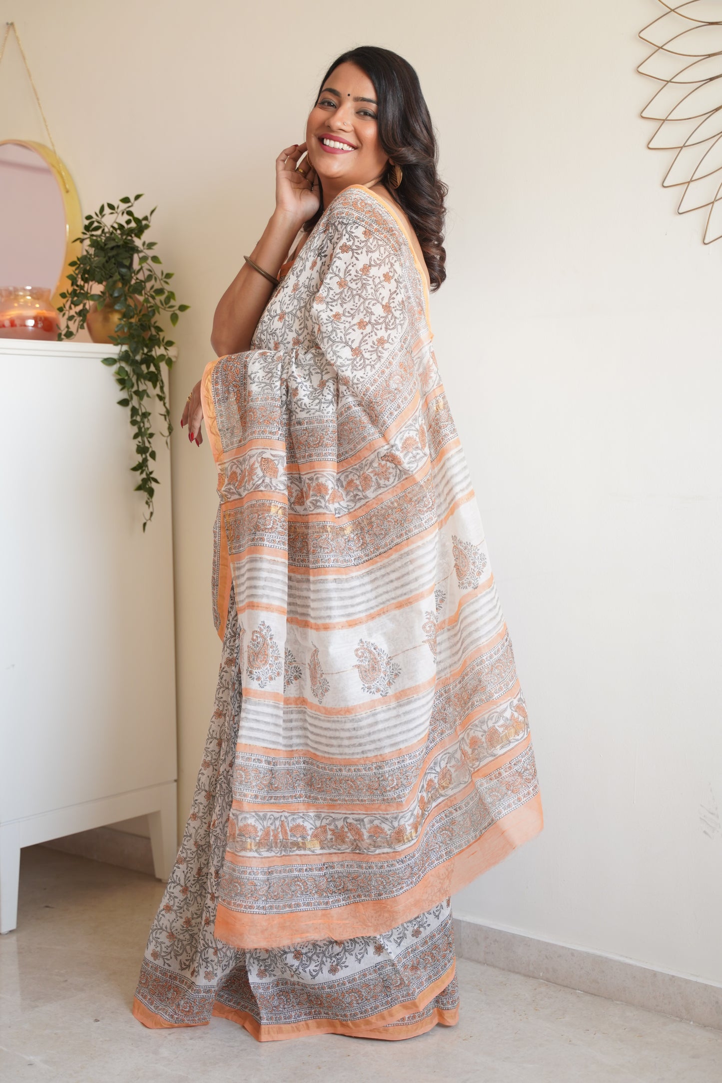 Off White and Light Salmon Border Cotton and Silk Chanderi Handblock Print Saree