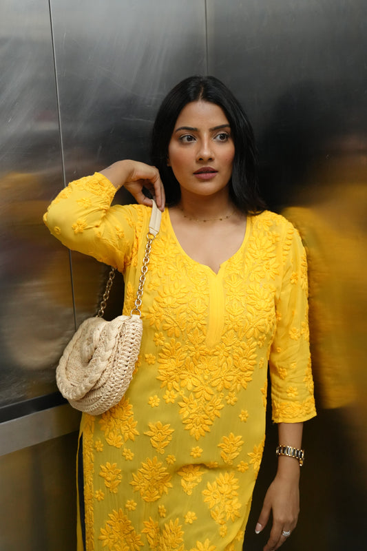 Aaradhya Handwoven Chikankari Yellow Long Kurta 100% Viscose