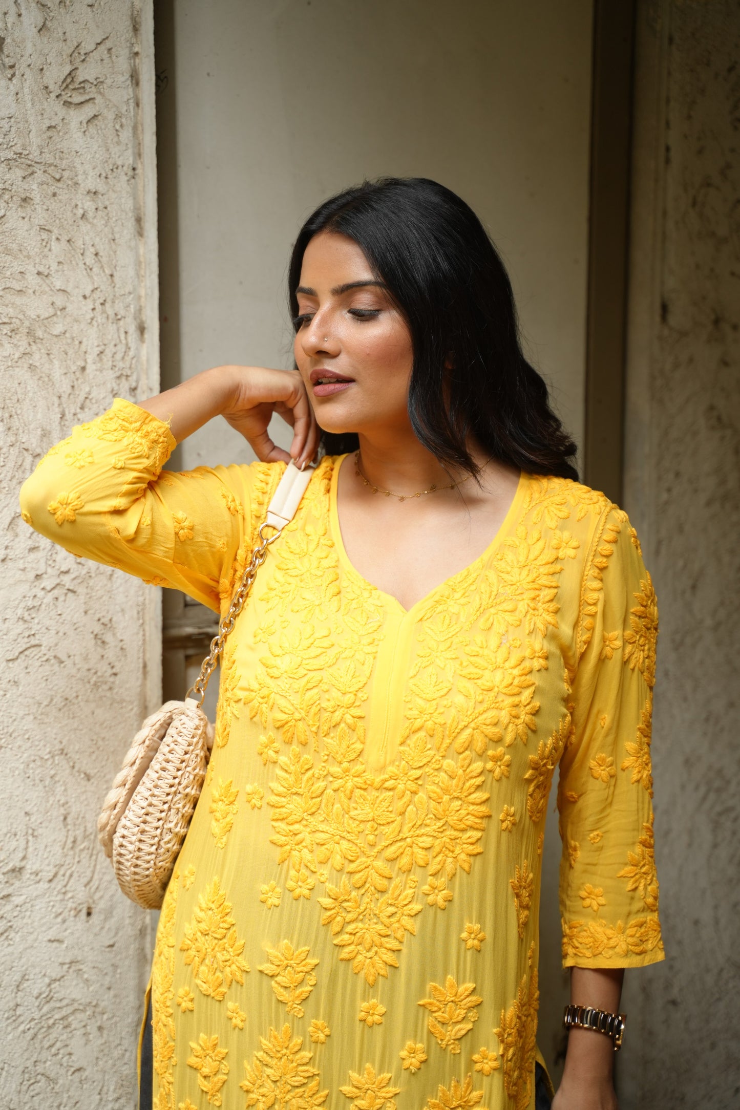 Aaradhya Handwoven Chikankari Yellow Long Kurta 100% Viscose