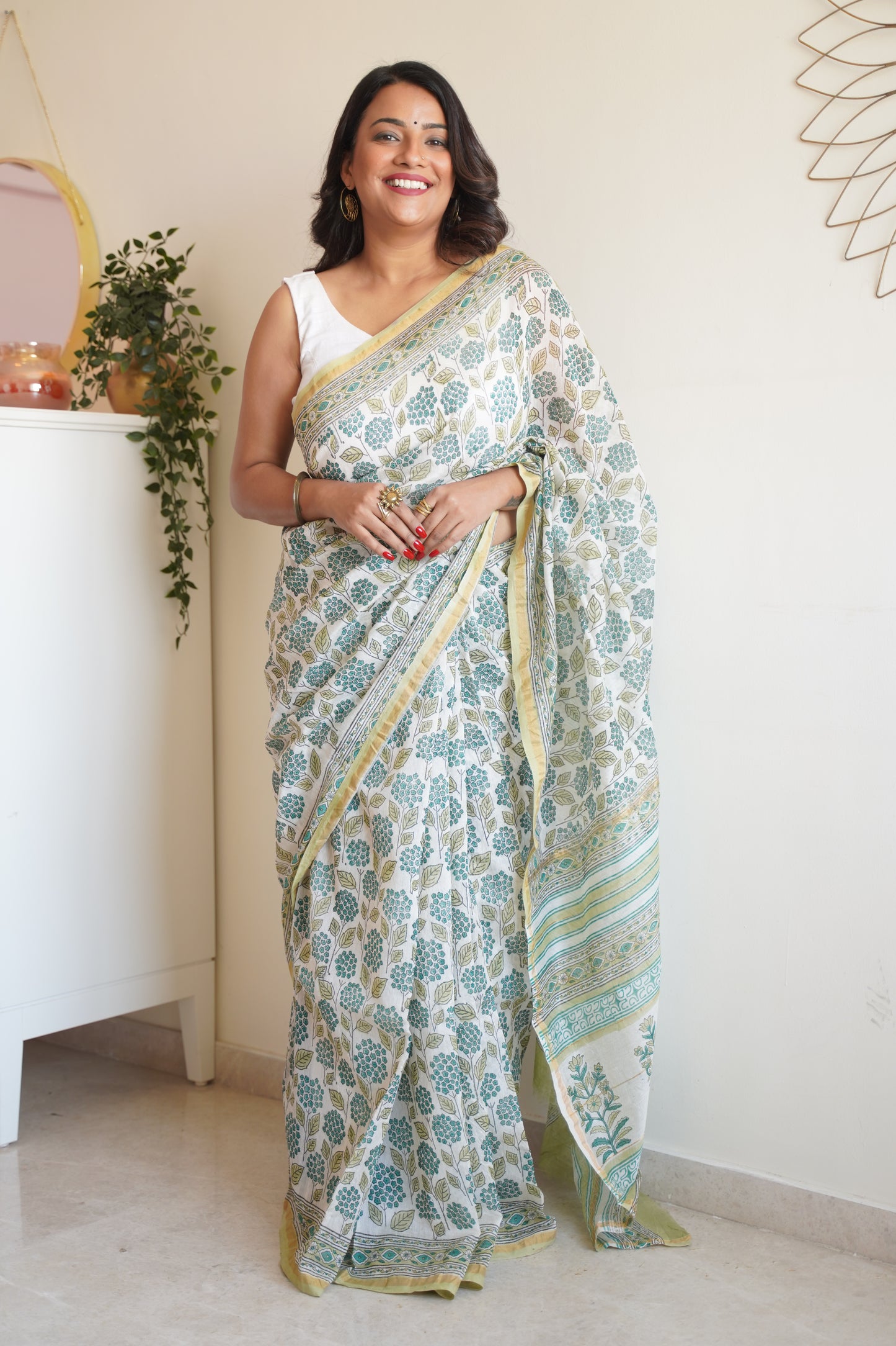 White and Teal Cotton and Silk Chanderi Handblock Print Saree