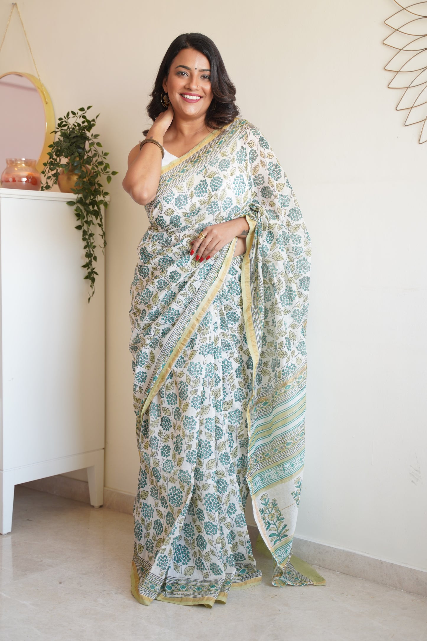 White and Teal Cotton and Silk Chanderi Handblock Print Saree