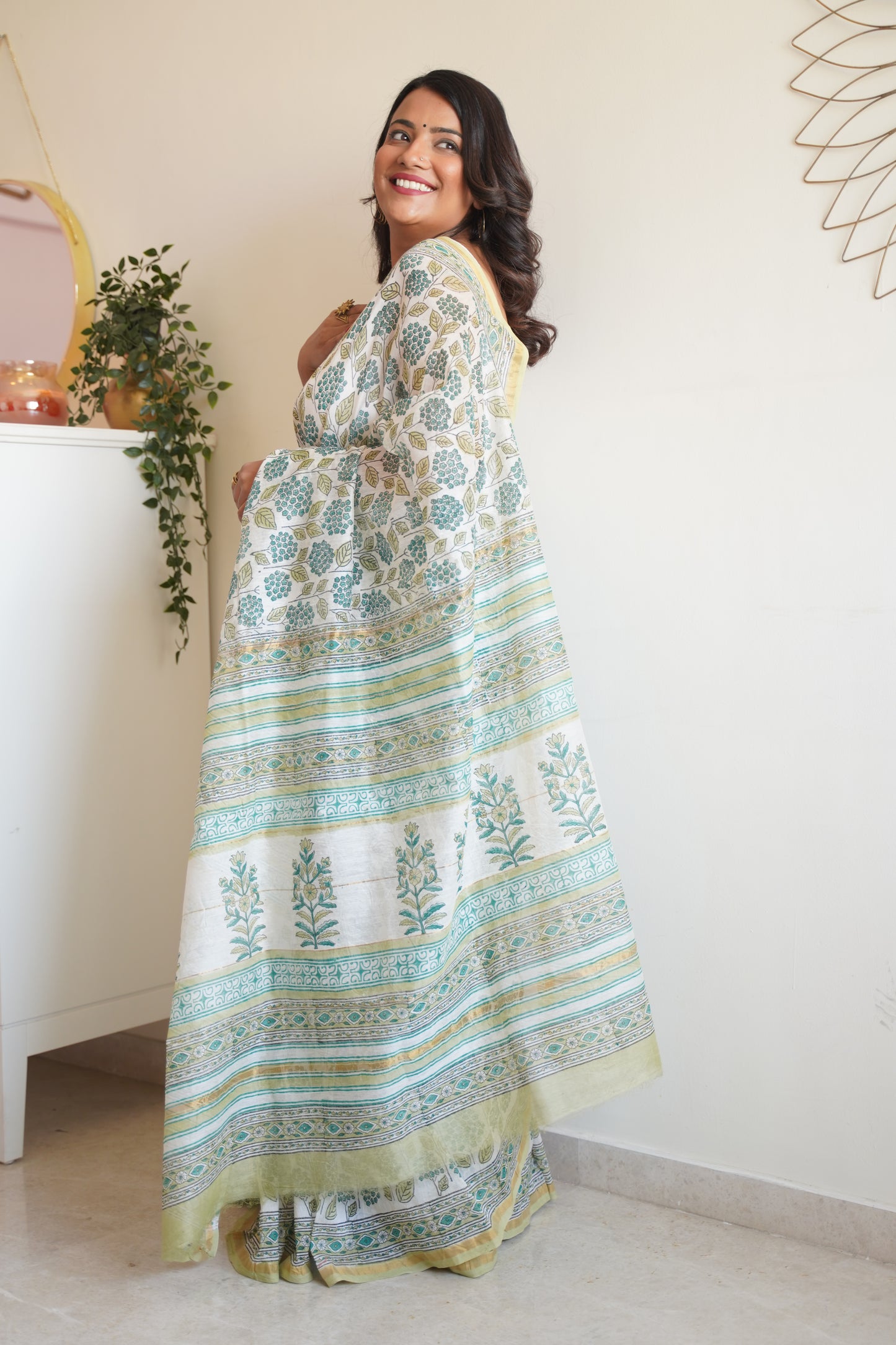 White and Teal Cotton and Silk Chanderi Handblock Print Saree