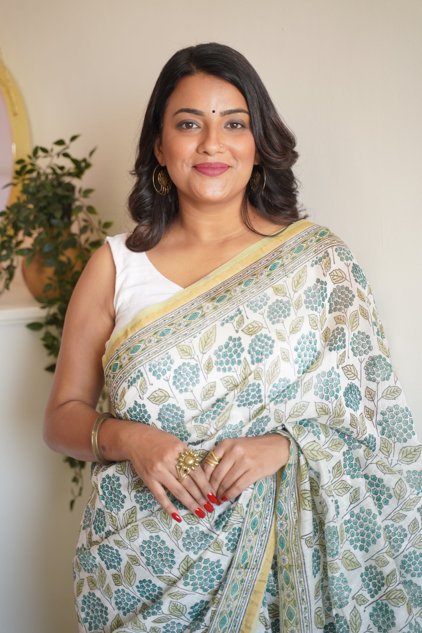 White and Teal Cotton and Silk Chanderi Handblock Print Saree