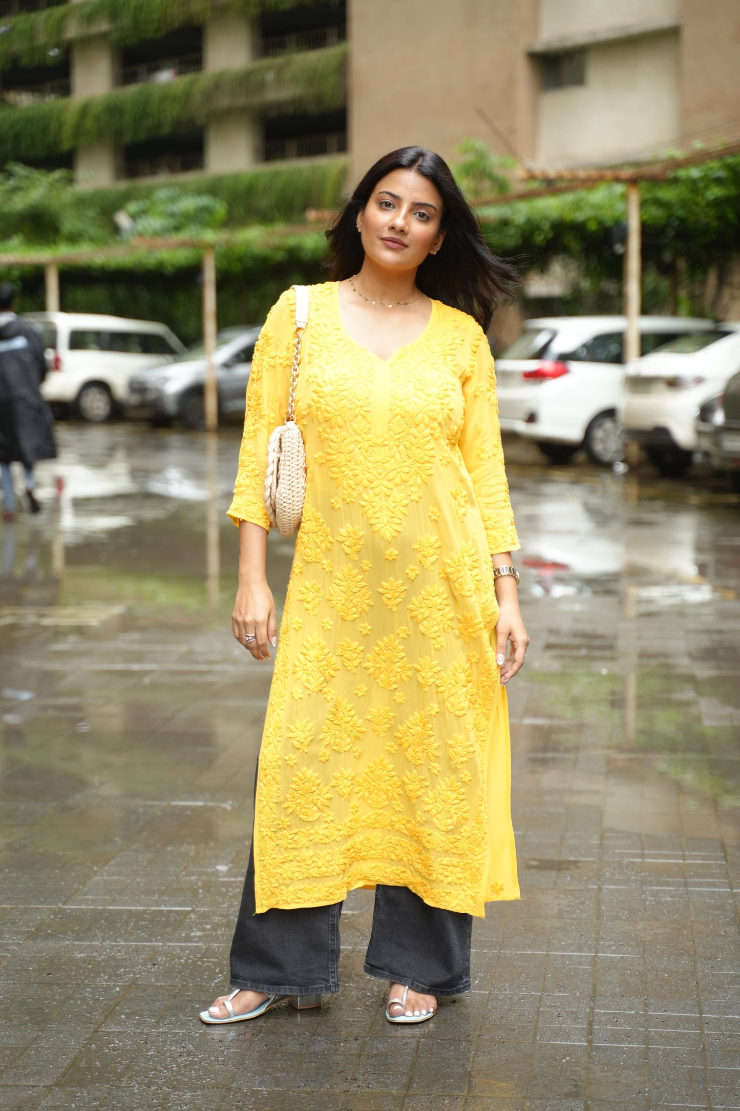 Aaradhya Handwoven Chikankari Yellow Long Kurta 100% Viscose