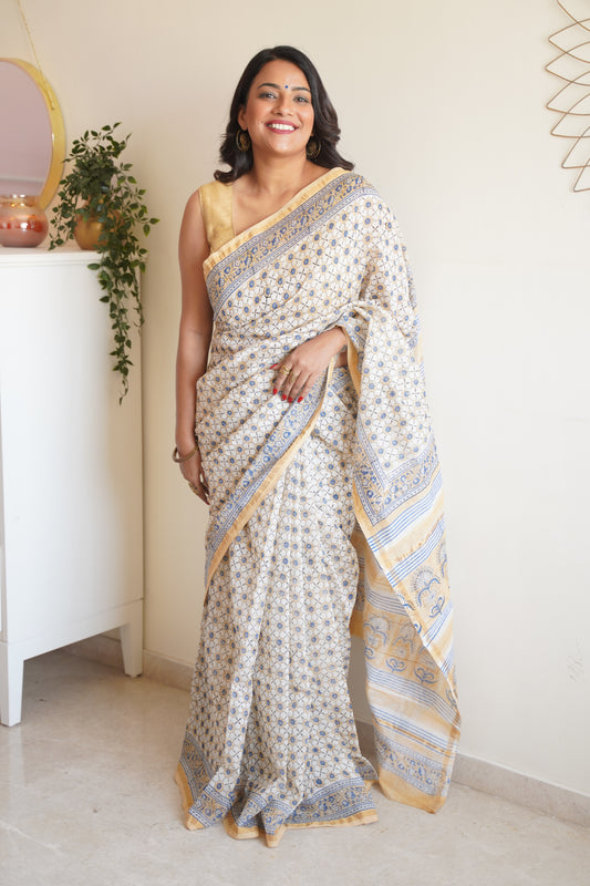 White and Light Caramel Cotton and Silk Chanderi Handblock Print Saree