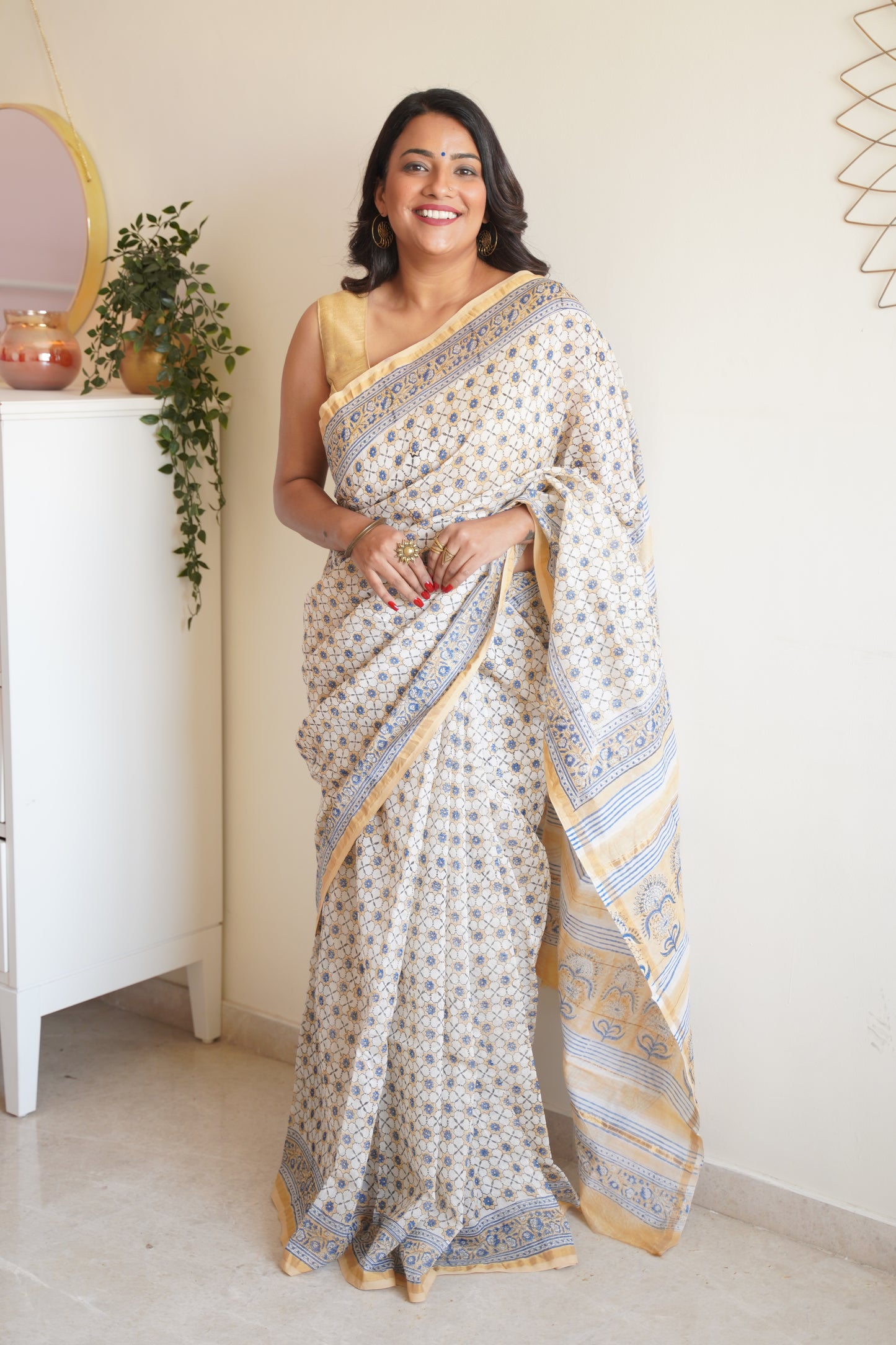 White and Light Caramel Cotton and Silk Chanderi Handblock Print Saree