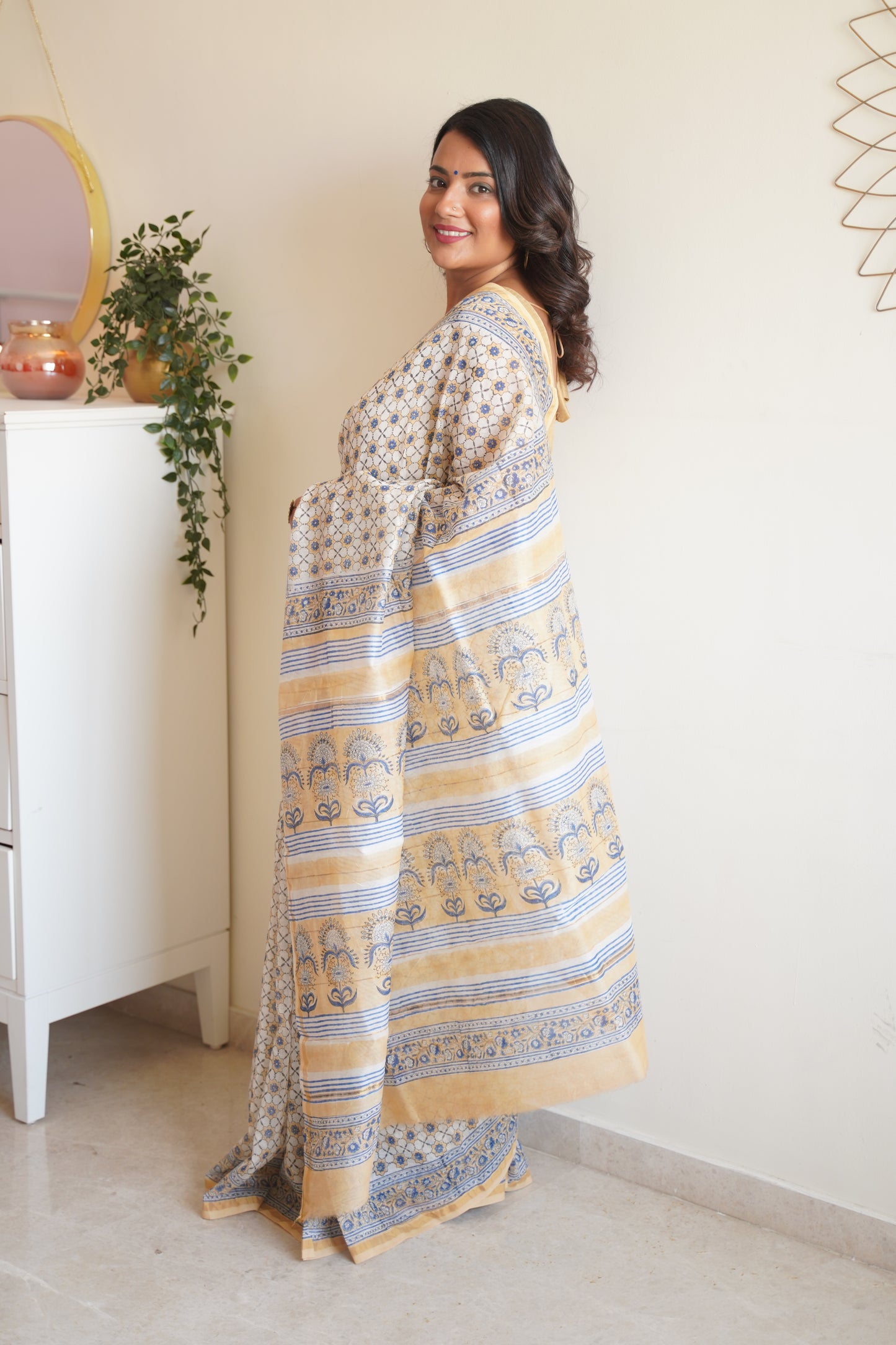 White and Light Caramel Cotton and Silk Chanderi Handblock Print Saree