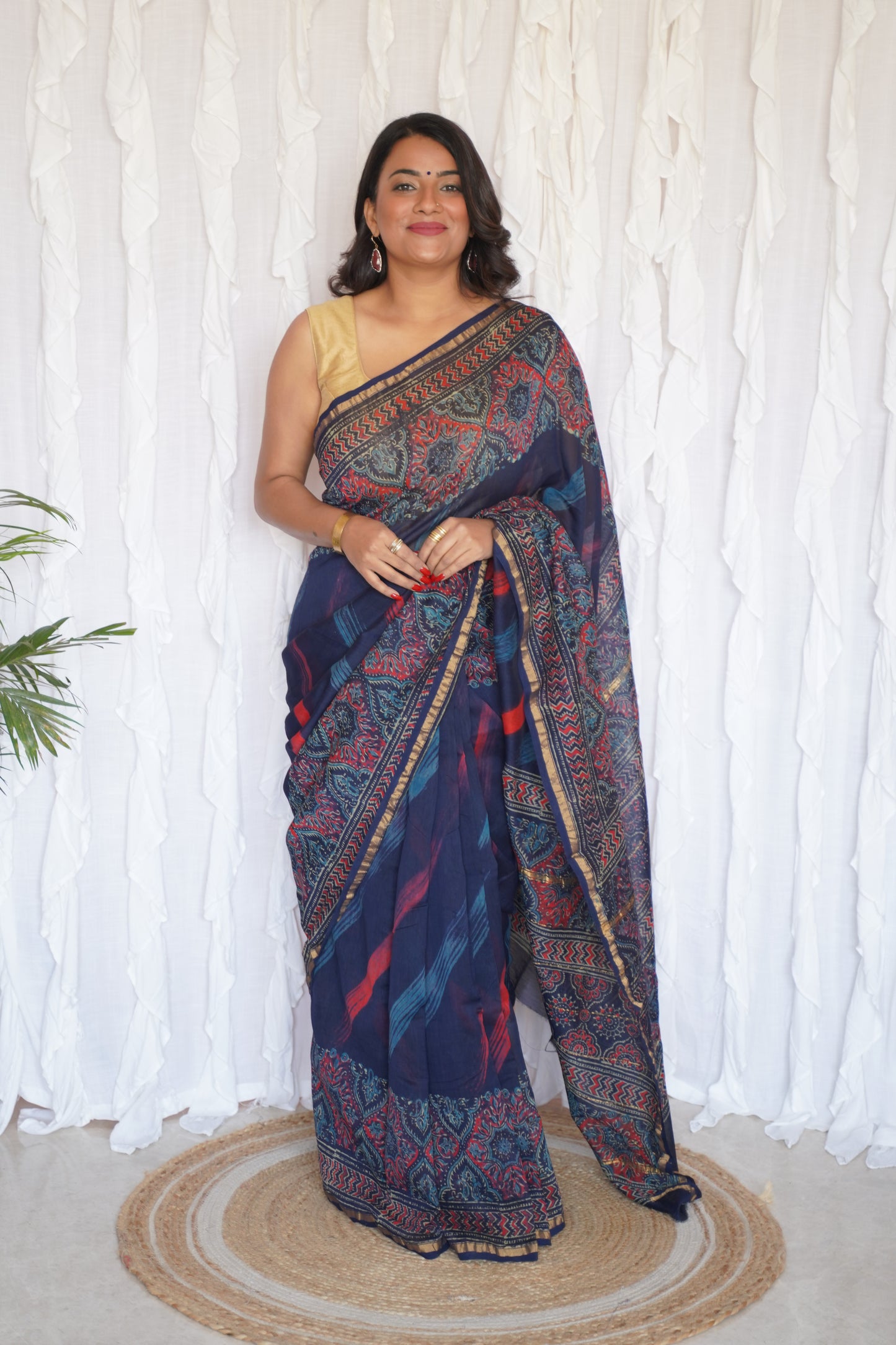 Navy Blue and Crimson Red Cotton and Silk Chanderi Handblock Print Saree