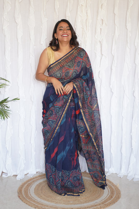 Navy Blue and Crimson Red Cotton and Silk Chanderi Handblock Print Saree