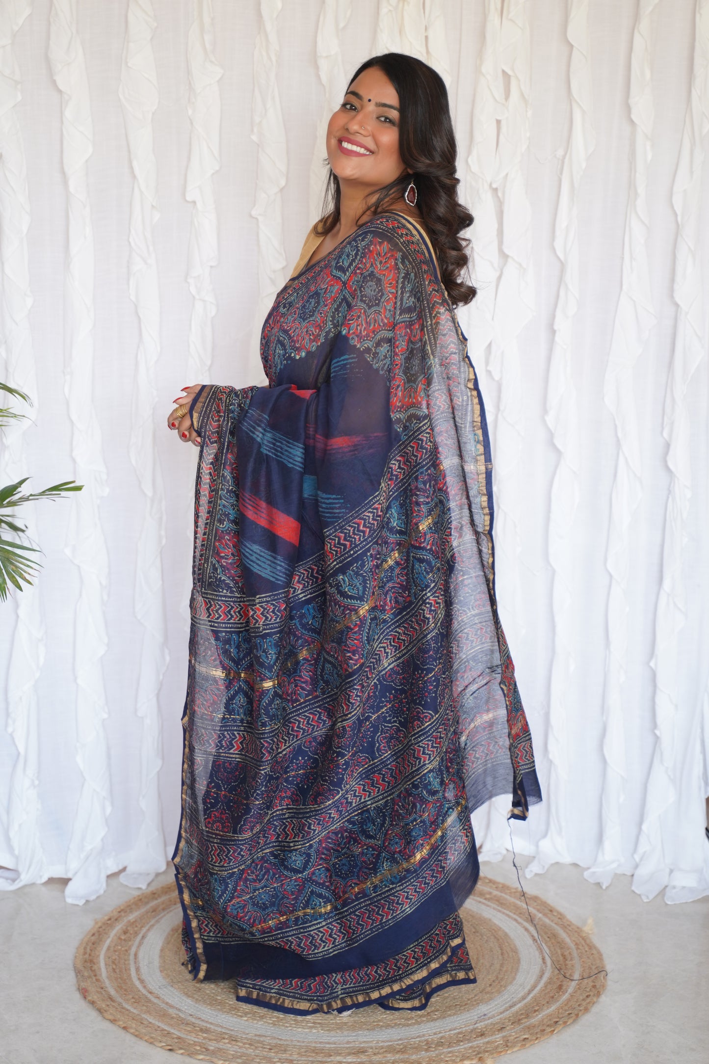 Navy Blue and Crimson Red Cotton and Silk Chanderi Handblock Print Saree