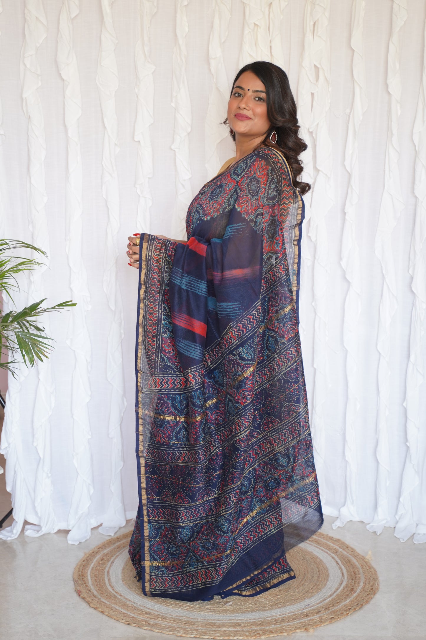 Navy Blue and Crimson Red Cotton and Silk Chanderi Handblock Print Saree
