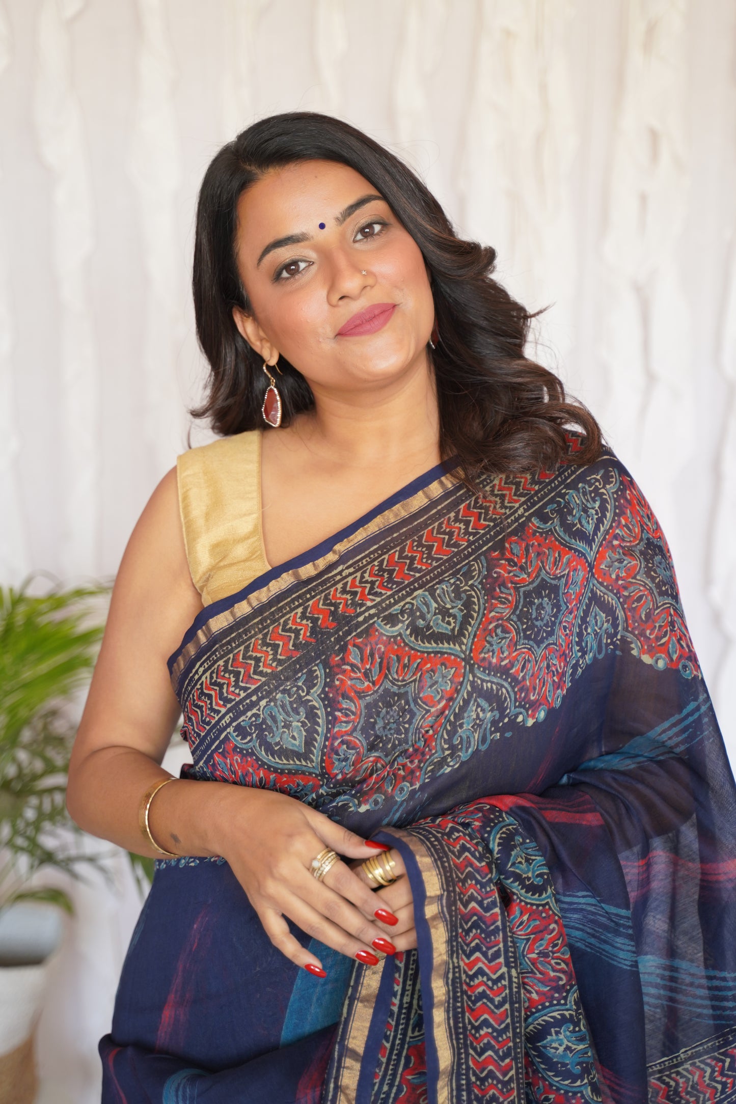 Navy Blue and Crimson Red Cotton and Silk Chanderi Handblock Print Saree